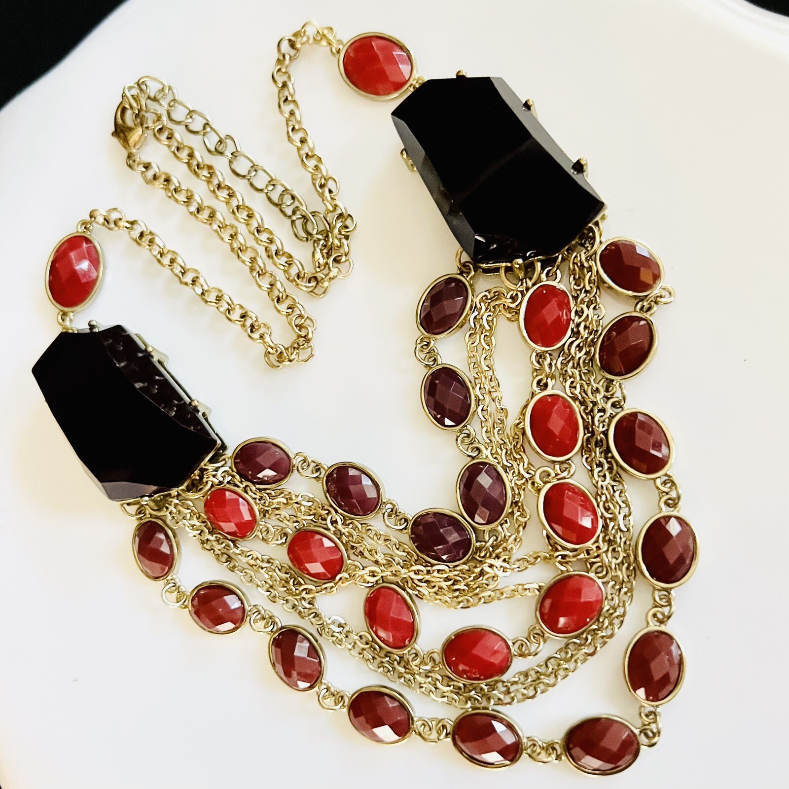 Statement Red Black Resin Stone Layered Multi Strand Bib Necklace Gold Tone 1092