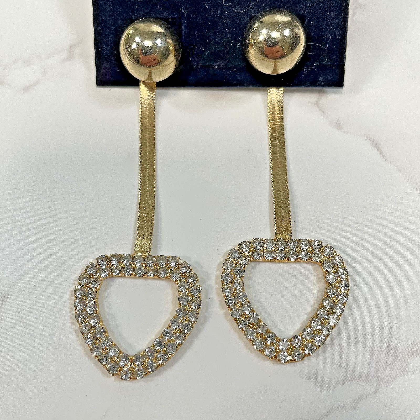 Gold Tone Herringbone Chain Drop Earrings Pave Rhinestone Open Heart Ball Stud