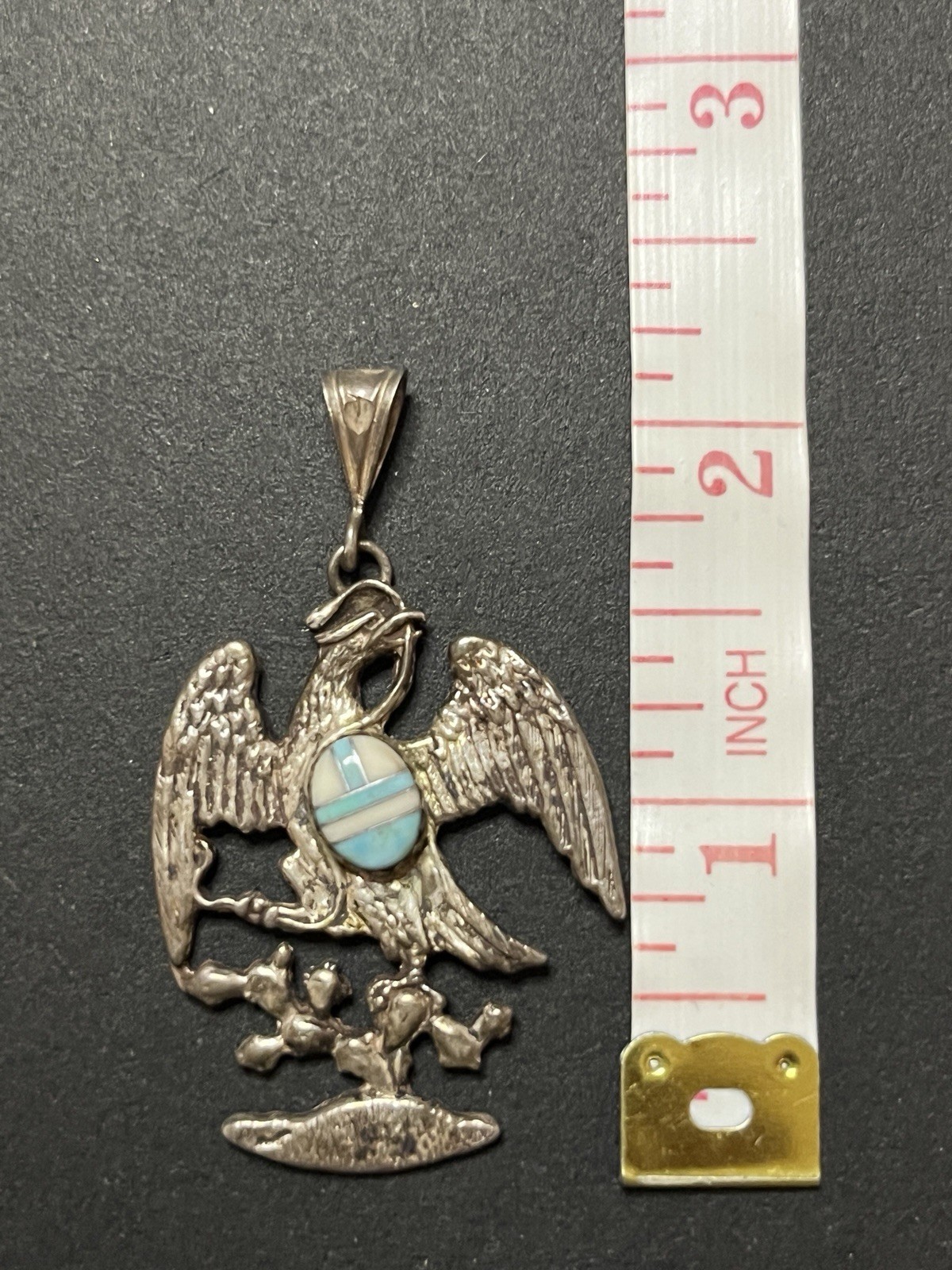 Vtg Mexico 925 Sterling Silver Eagle Pendant Turquoise Mosaic Inlay Apprx 2” 10g