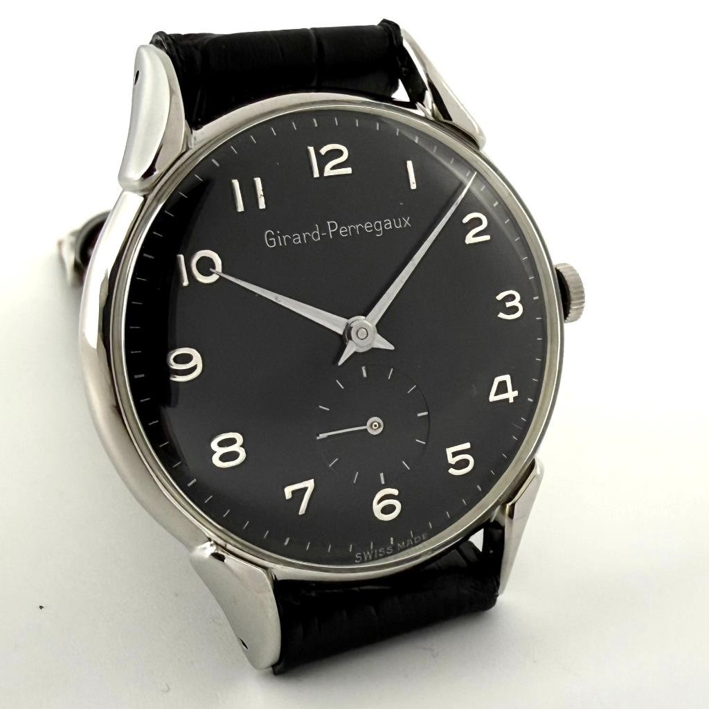 SWISS FINE GIRARD PERREGAUX LONG FANCY LUGS BOLD BLACK DIAL MANUAL WIND VINTAGE