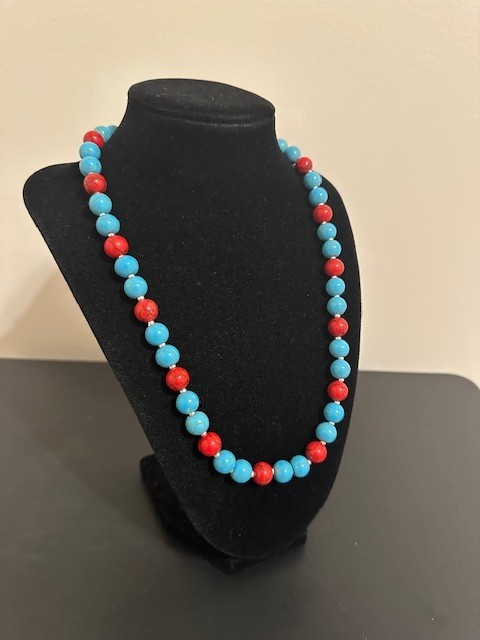 Blue and Red Turquoise Round 10 mm Gemstone Beads 20″ Necklace