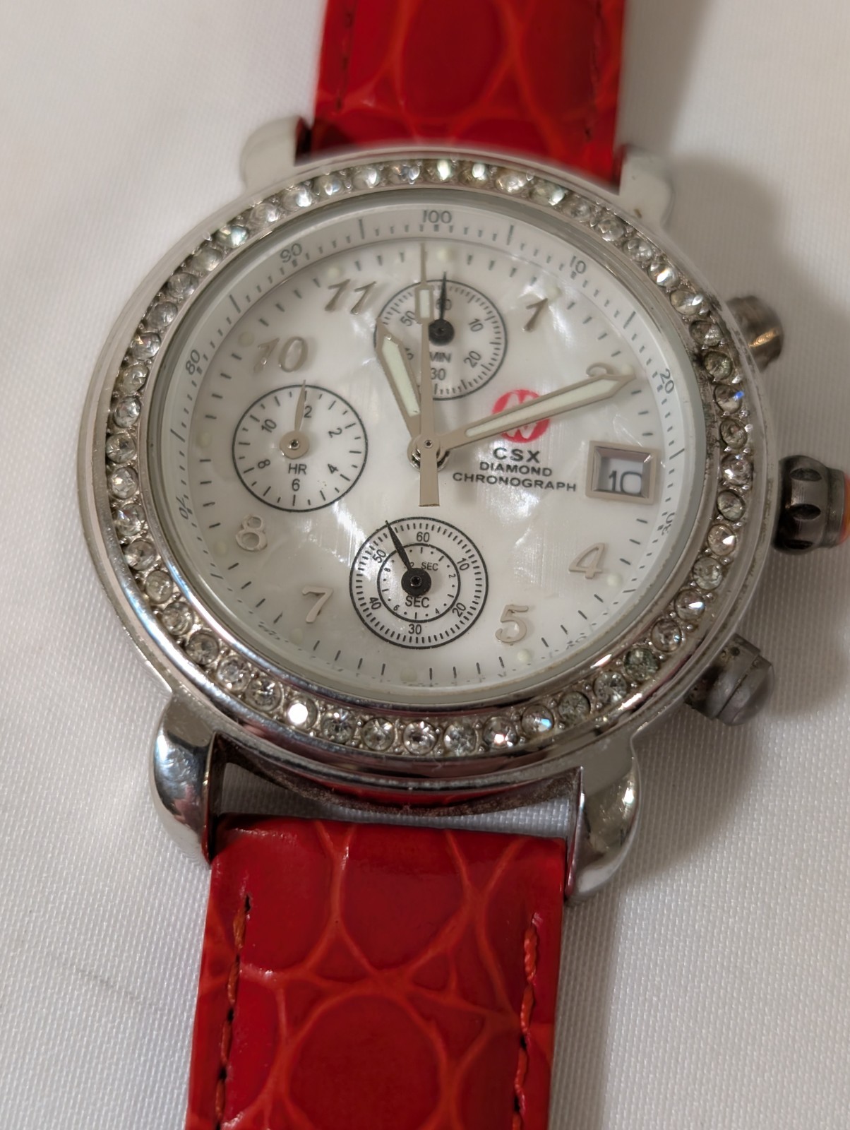 MICHELE CSX Diamond Chronograph Mother of Pearl Watch Red Leather Swiss