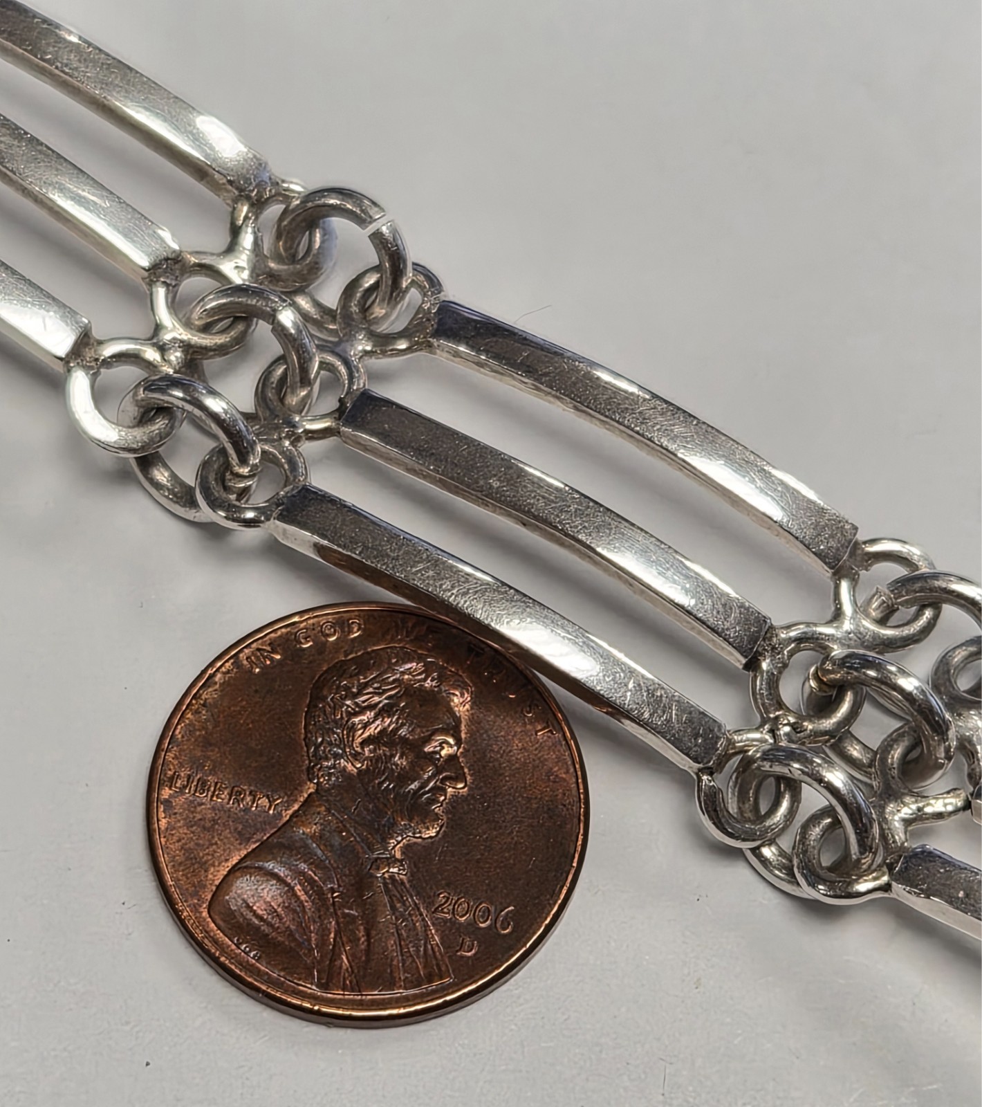 Vintage Mexico Taxco 925 Sterling Silver Modernist 3 Bar Link 8″ Toggle Bracelet