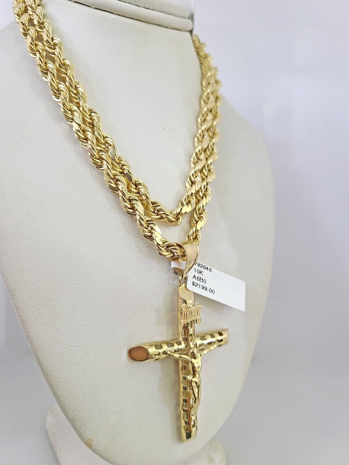 10kt Gold Rope Chain INRI Cross Charm Set 18″-30” Inch 6mm Necklace Pendant