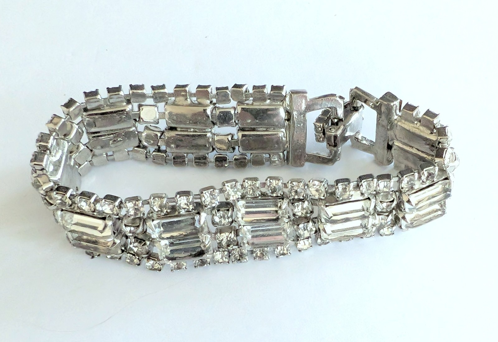 Fabulous Vintage Sparkling Clear Rhinestone Wide Bracelet Fold Over Clasp