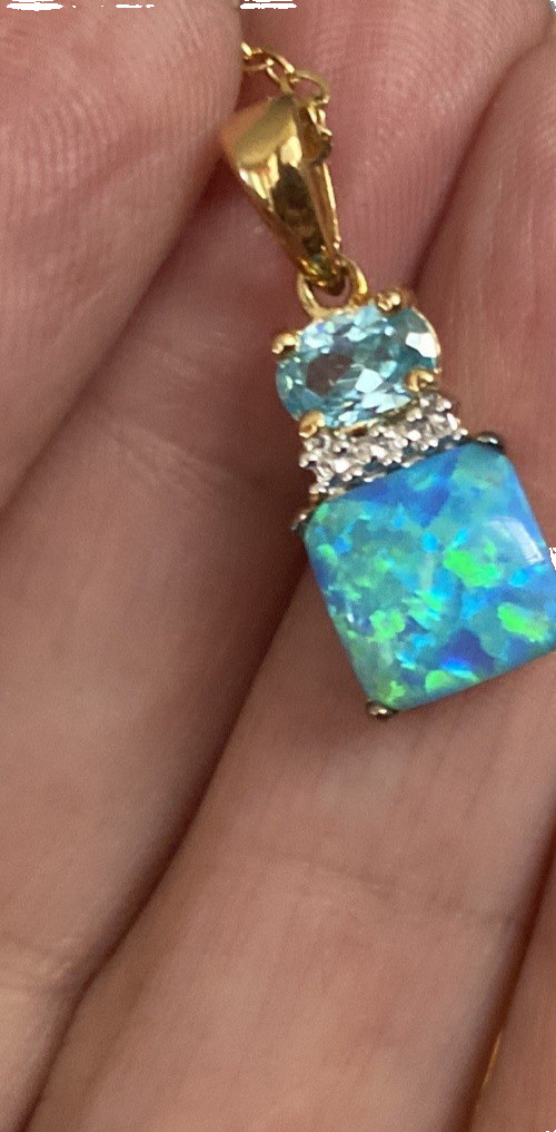 New TECHNIBOND Blue Lab Opal Topaz White CZ Necklace Ring Set HSN Lot