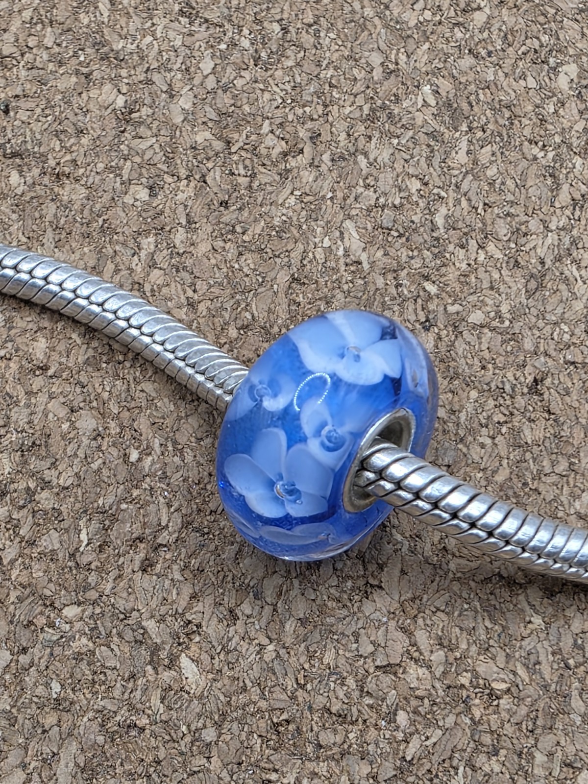 AUTHENTIC BLUE MURANO GLASS WHITE FLOWERS EUROPEAN CHARM BEAD STERLING SILVER