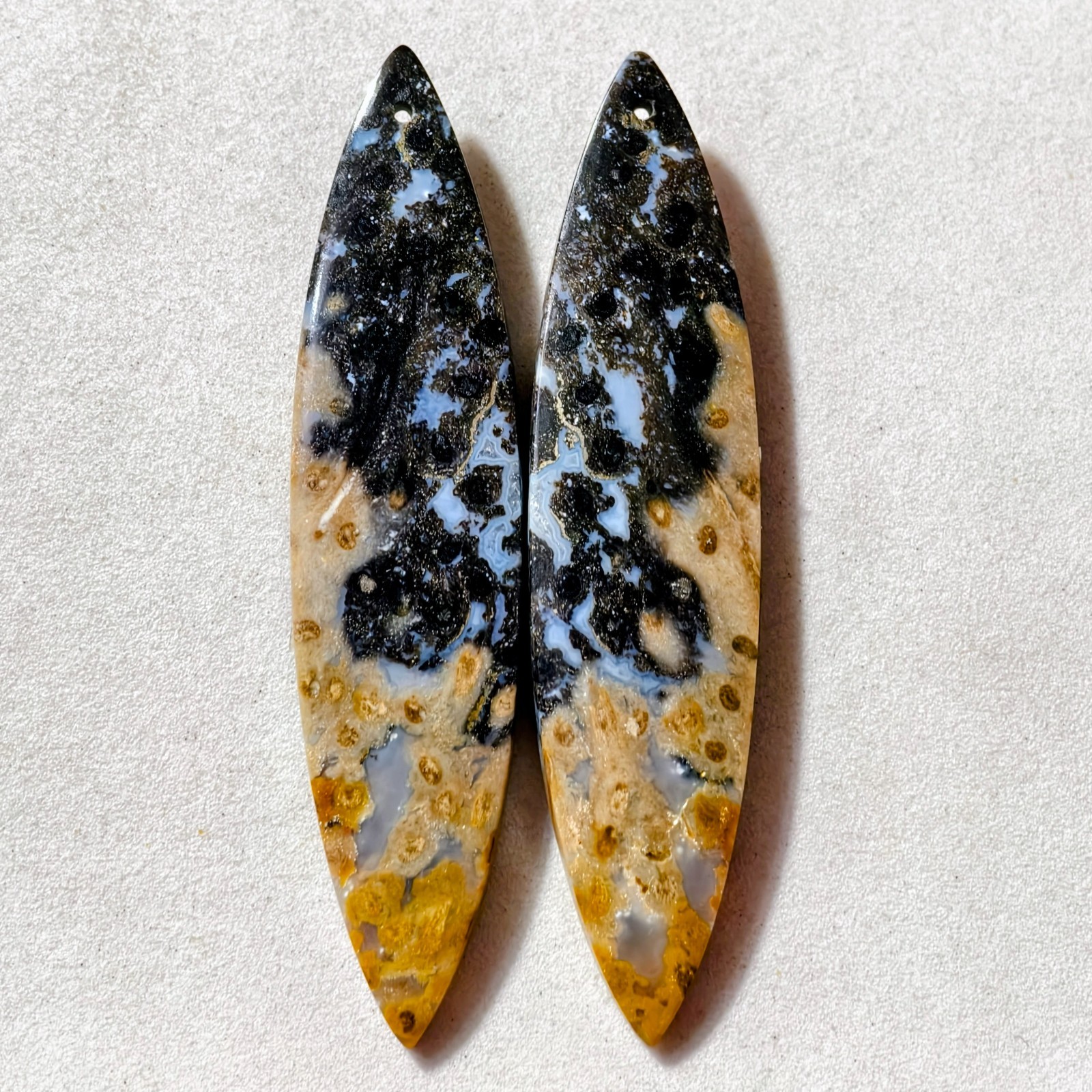 58 Cts Natural Fossilized Palm Root Drilled Pair Cabochon Gemstone 63.5X14.7 MM