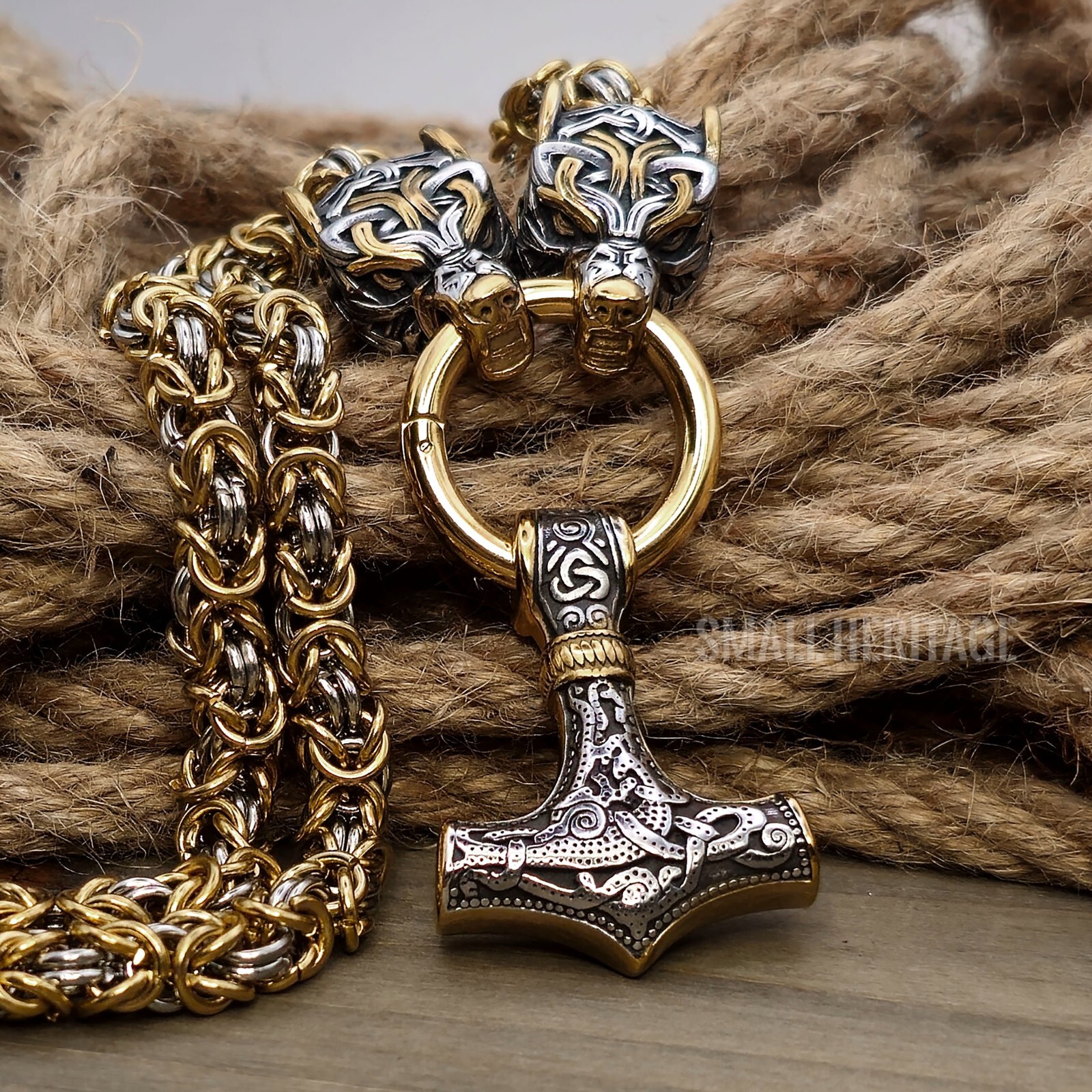 Men Viking Stainless Steel Wolf Head Necklace Thor Hammer Mjolnir Pendant Norse