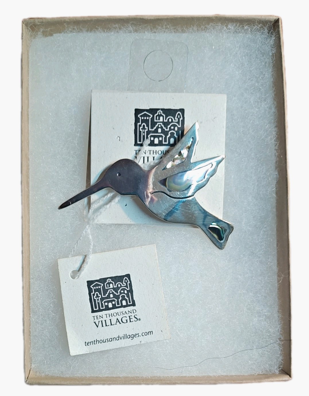 Ten Thousand Villages Hummingbird Brooch Pin Mexico Alpaca Silver Abalone NWT