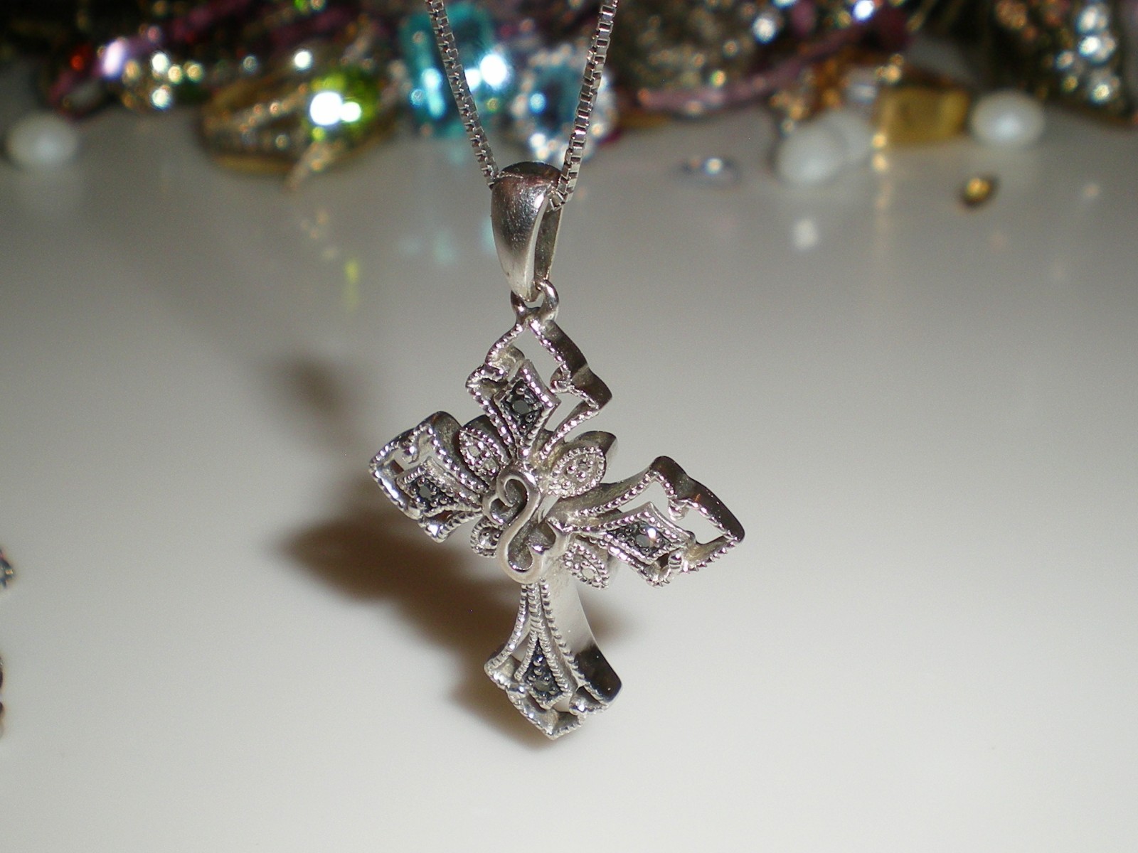 Jane Seymour SS Open Hearts Gothic CROSS 1/6ct Diamond Necklace 💎 KAY BOX 💎