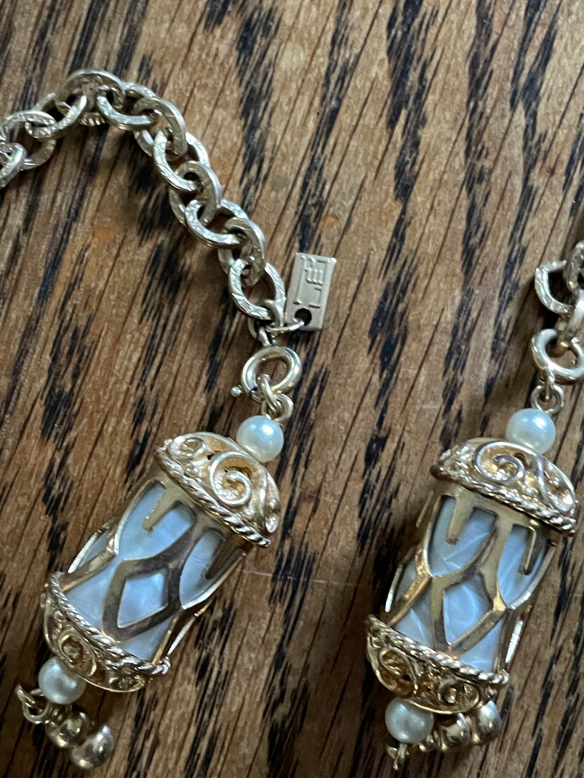 Vintage 60s Signed Emmons Magic Lantern Necklace Faux Mother of Pearl Dangles