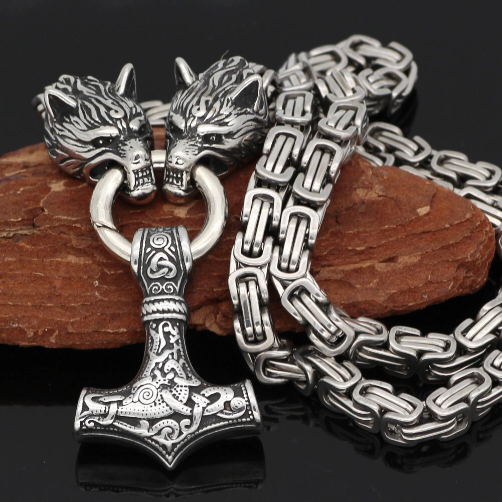 Men Viking Stainless Steel Wolf Thor Hammer Pendant Necklace Norse Mjolnir Odin
