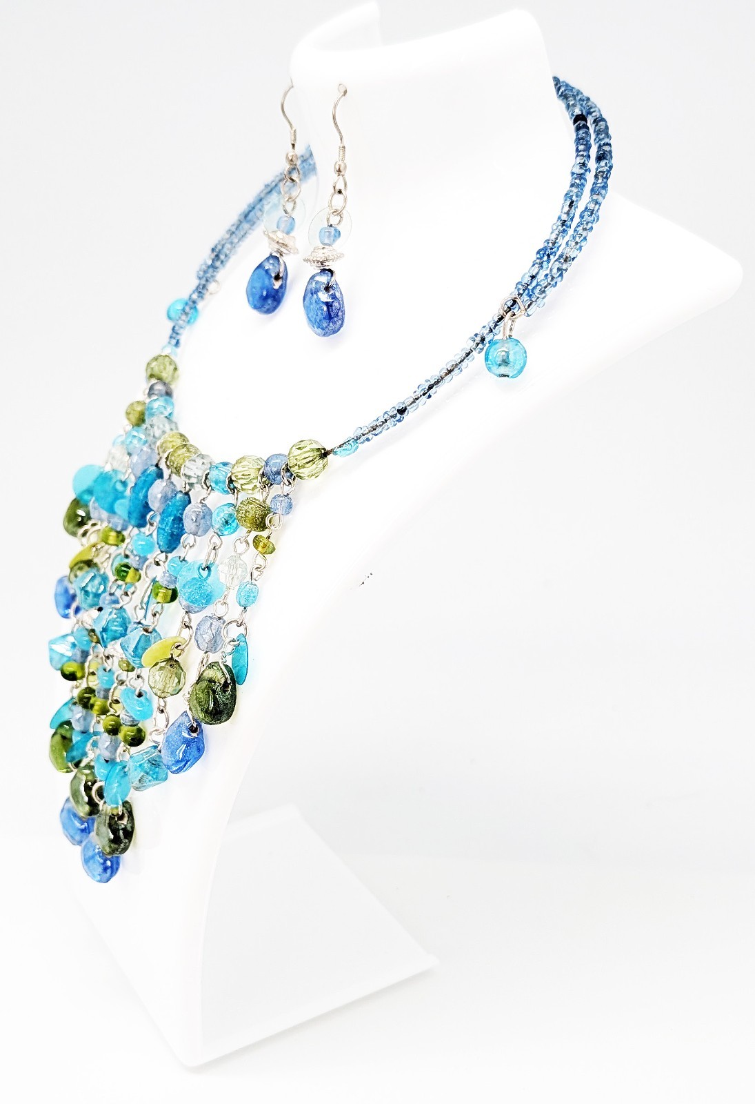 DESIGNER INSPIRED BLUE GREEN MULTI GLASS BEAD CHANDELIER SILVER TONE JEWLERY SET