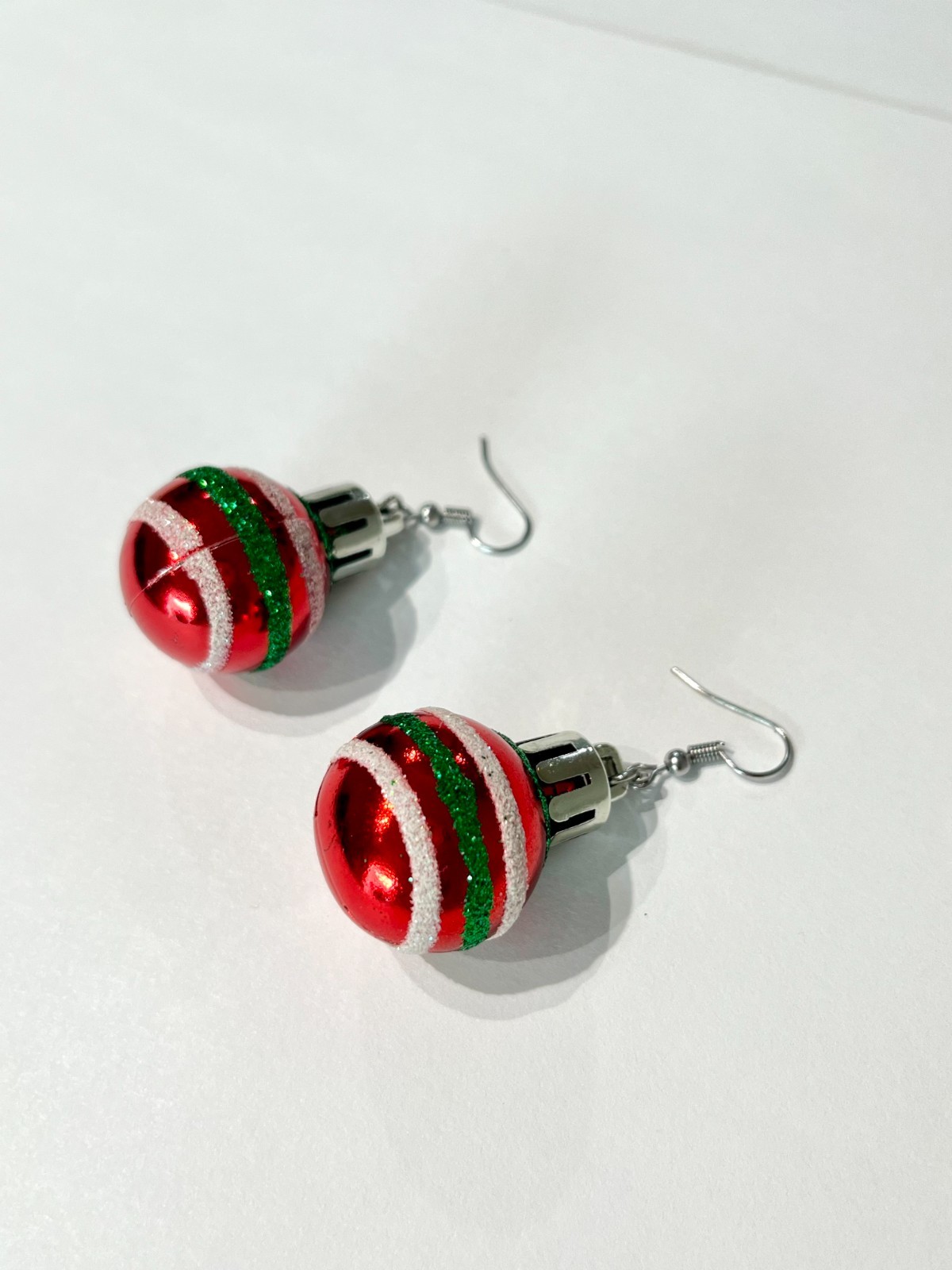 Red Green Striped Christmas Ornament Dangle Earrings