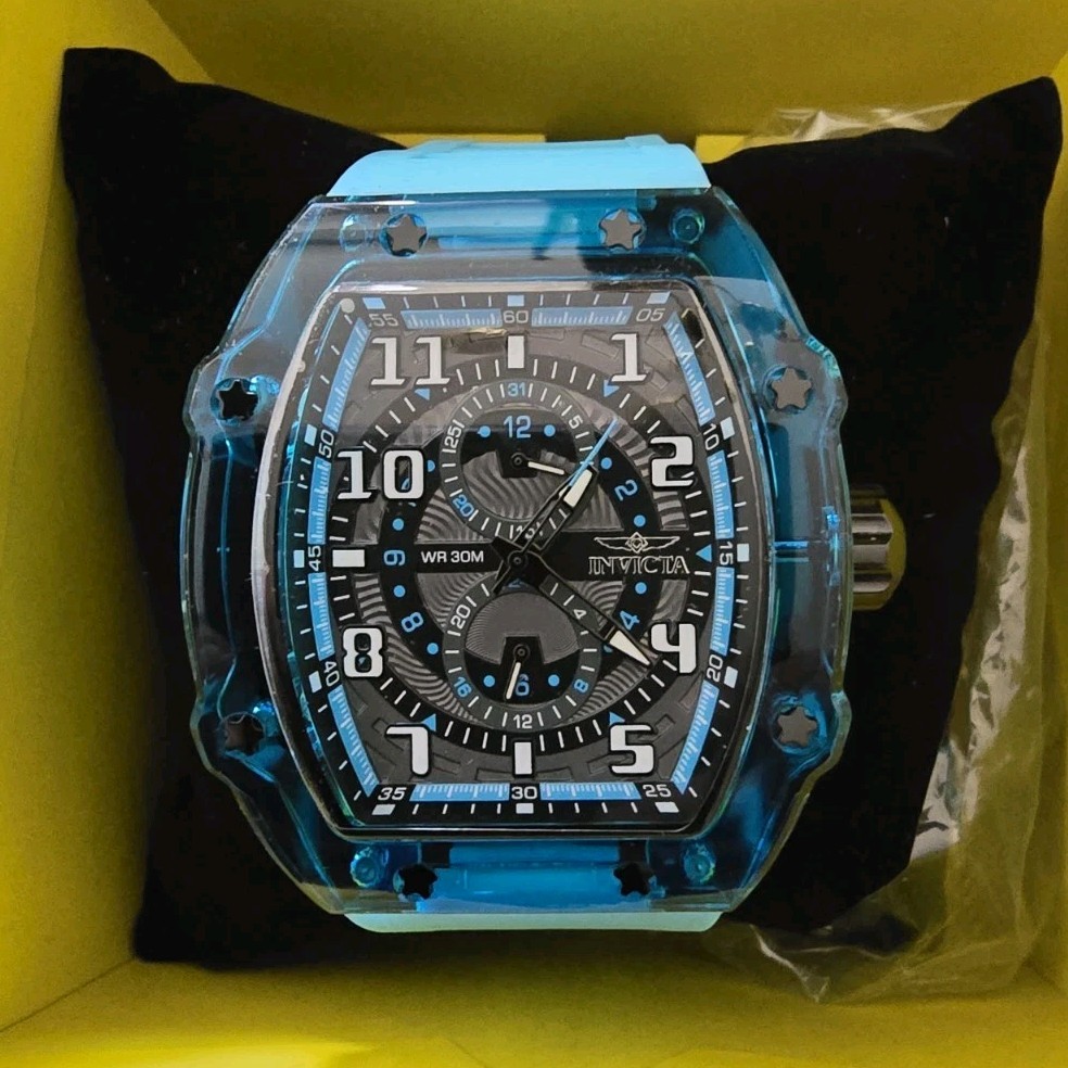 Invicta Tonneau Quartz 30m Blue Silicone Strap Analog Arabic Dial Box