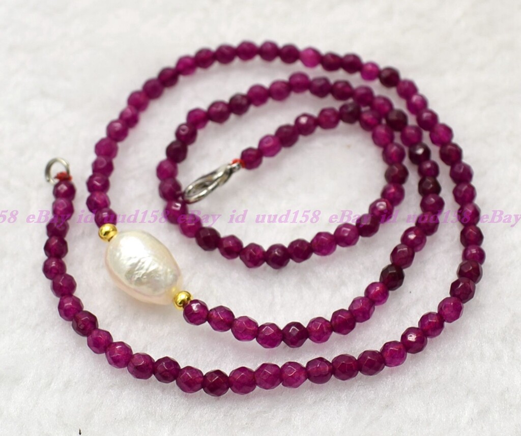 Faceted 4mm Dark Rose Red Jade Roundelle Gems White Pearl Necklace 16-28” AAA