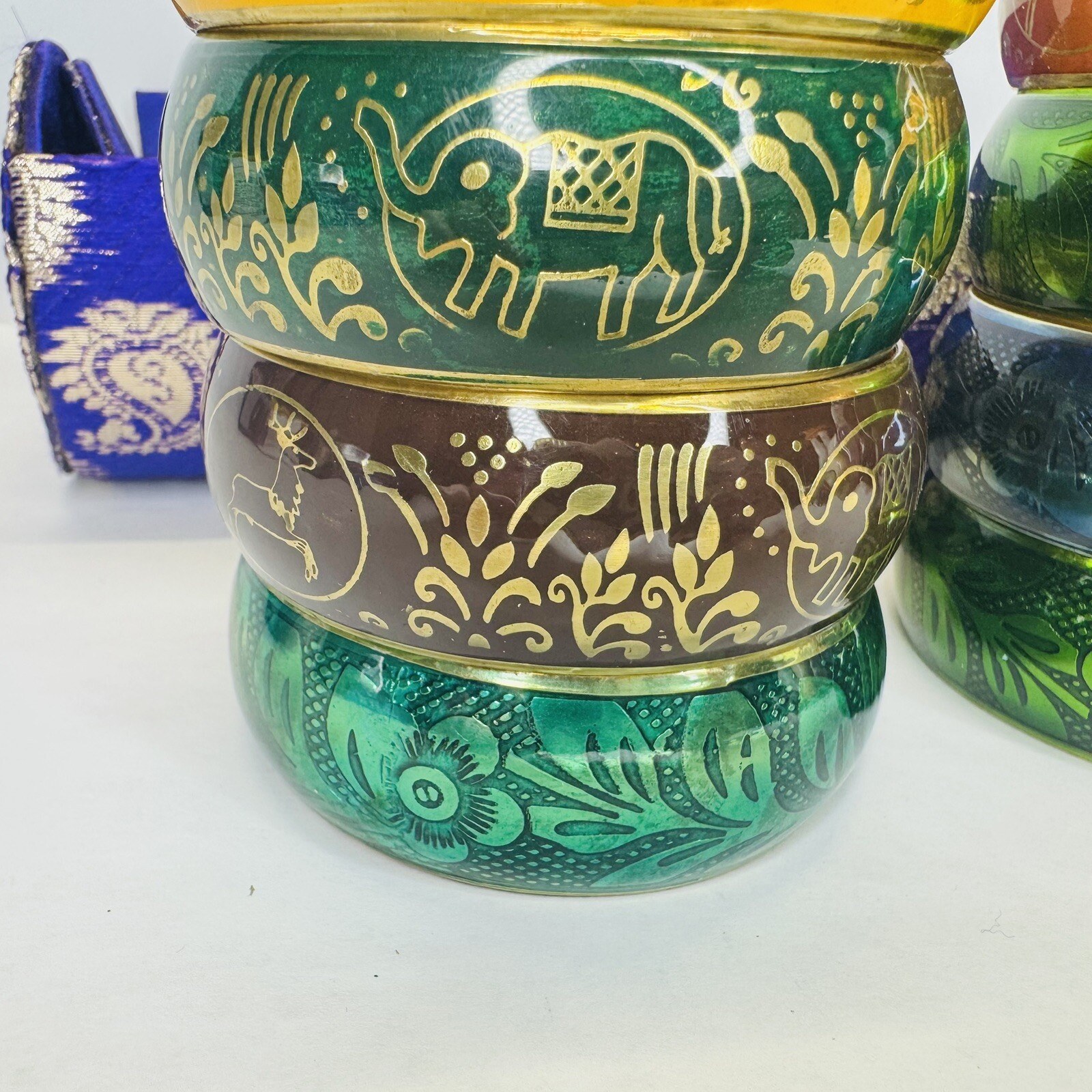 Floral Motif Bangle Bracelets Set of 8 with Case Orange Yellow Blue Green Brown