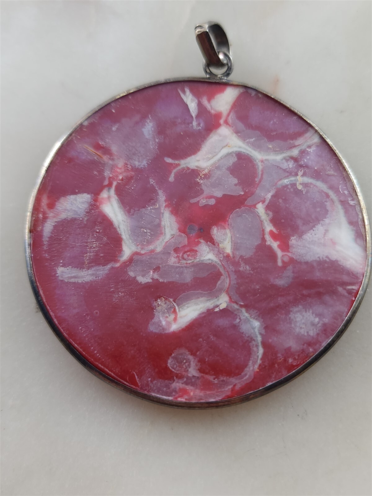 Sterling Silver Geometric Mother of Pearl Shell Inlay Red Pendant 10.7 Grams