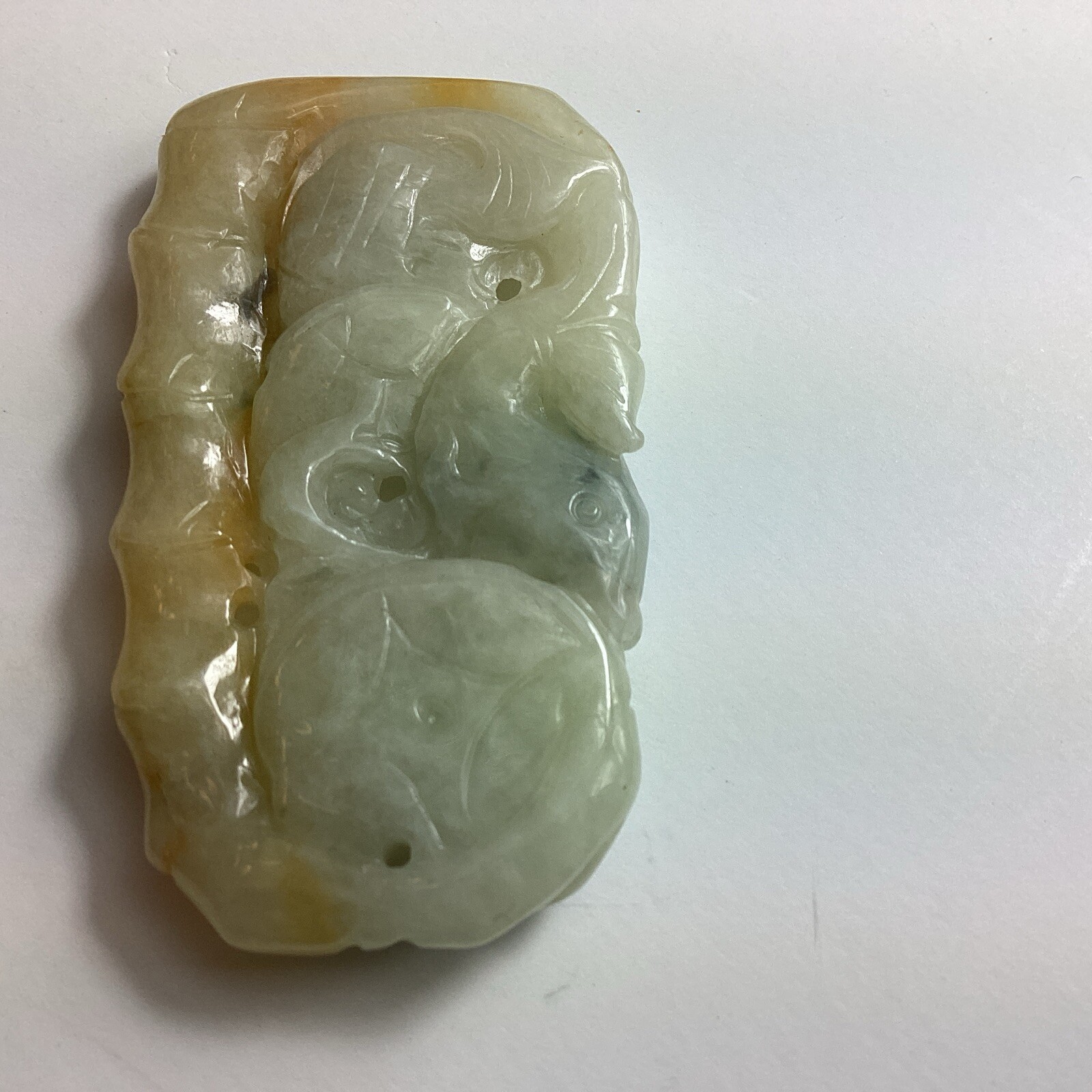 Light Tan Jadeite 2 Fish, Lucky Coin, Bamboo Translucent Pendant