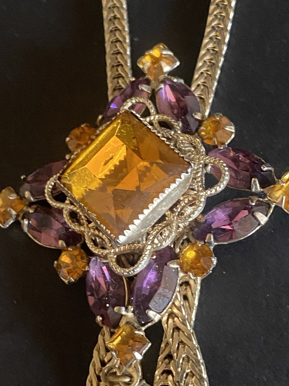 Fixed-Pendant Lariat Necklace Faux Citrine & Amethyst Herringbone Chain ’70s VTG