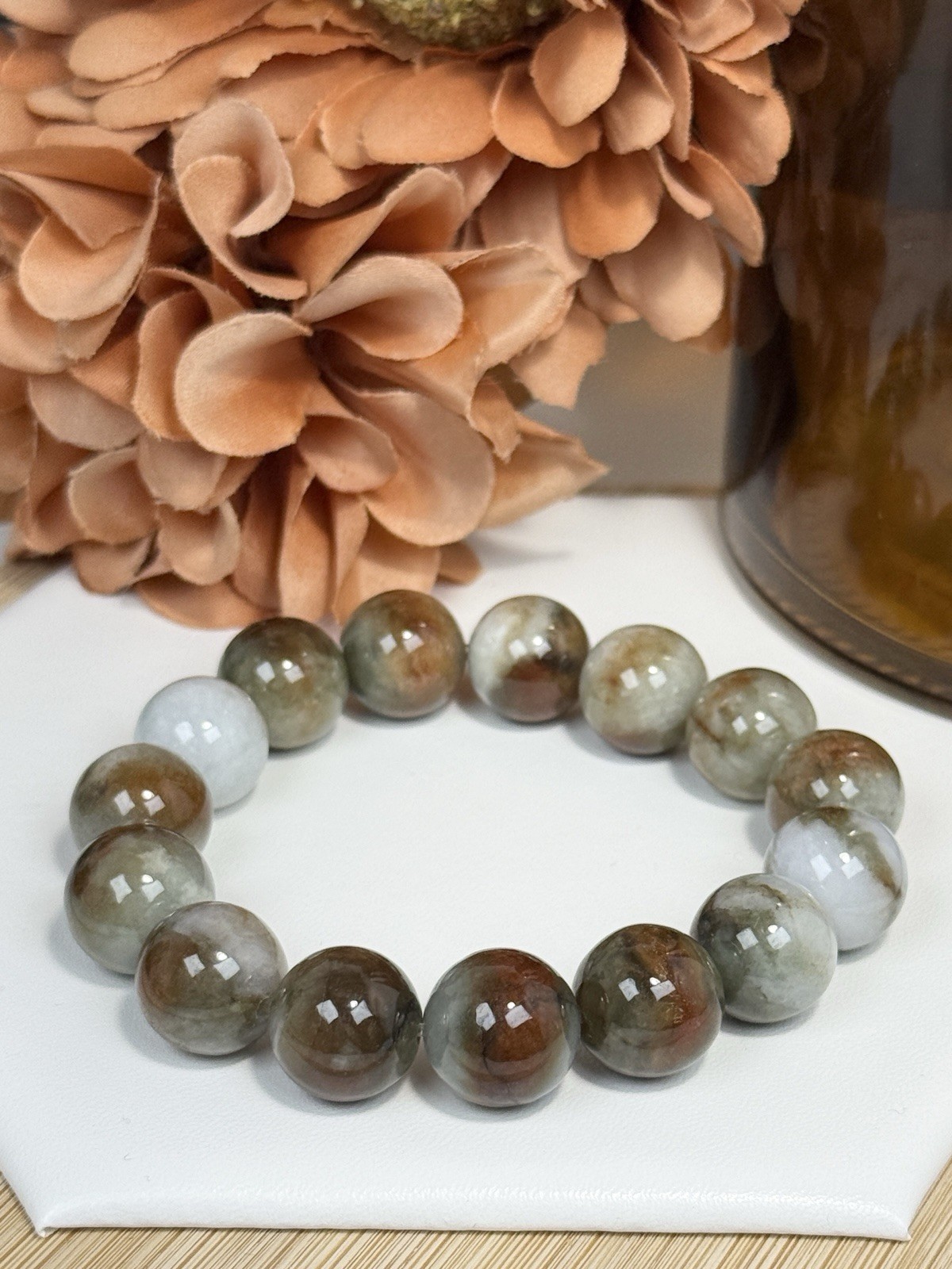 Jadeite White/Brown/Green Bead Bracelet 13.9MM