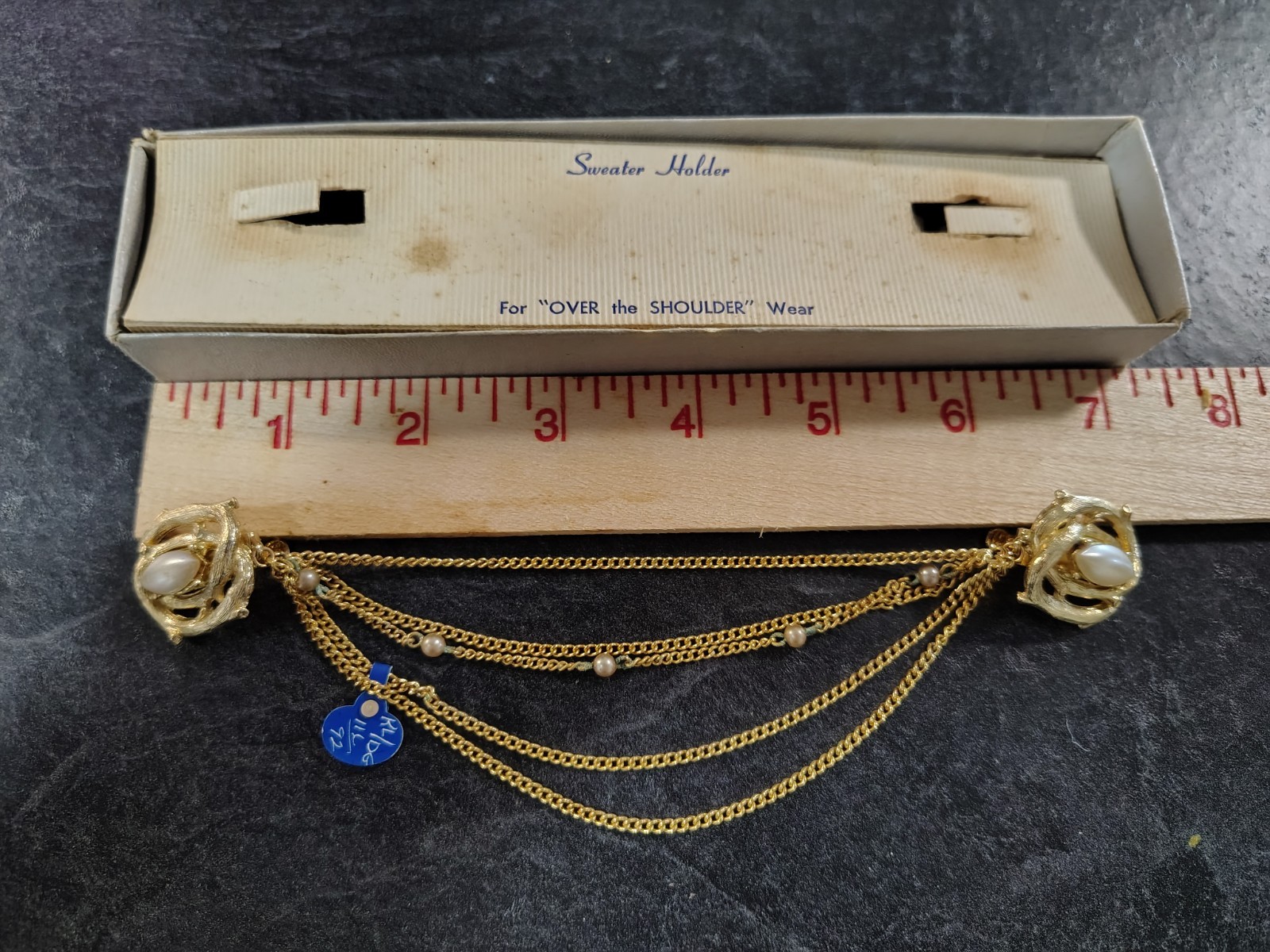 VTG Sweater Dress Clip Holder Gold Tone Small & Baroque Pearls Multi Chain NEW