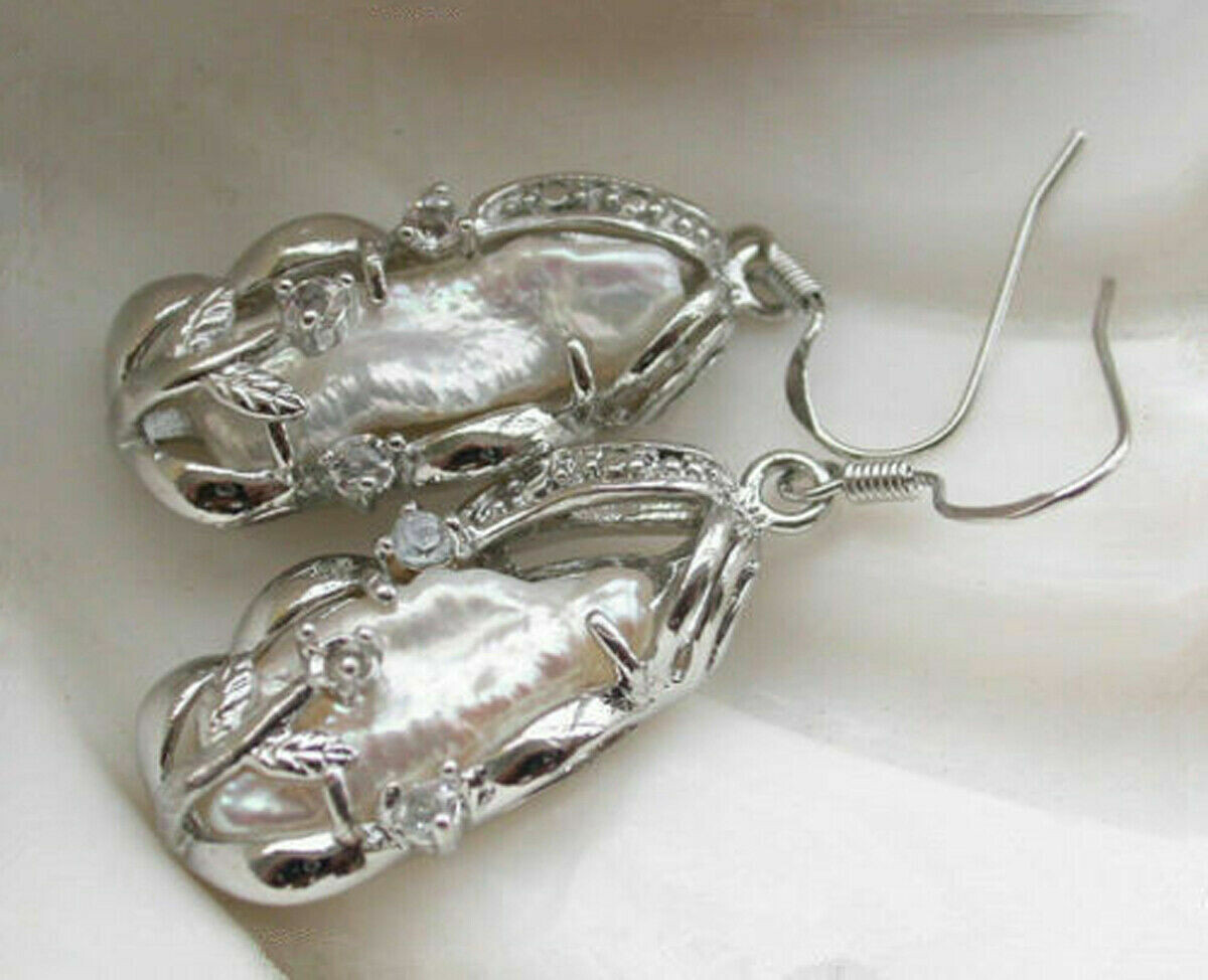 Beautiful 12X26mm Natural Baroque White Pearl Silver Hook Dangle Earrings