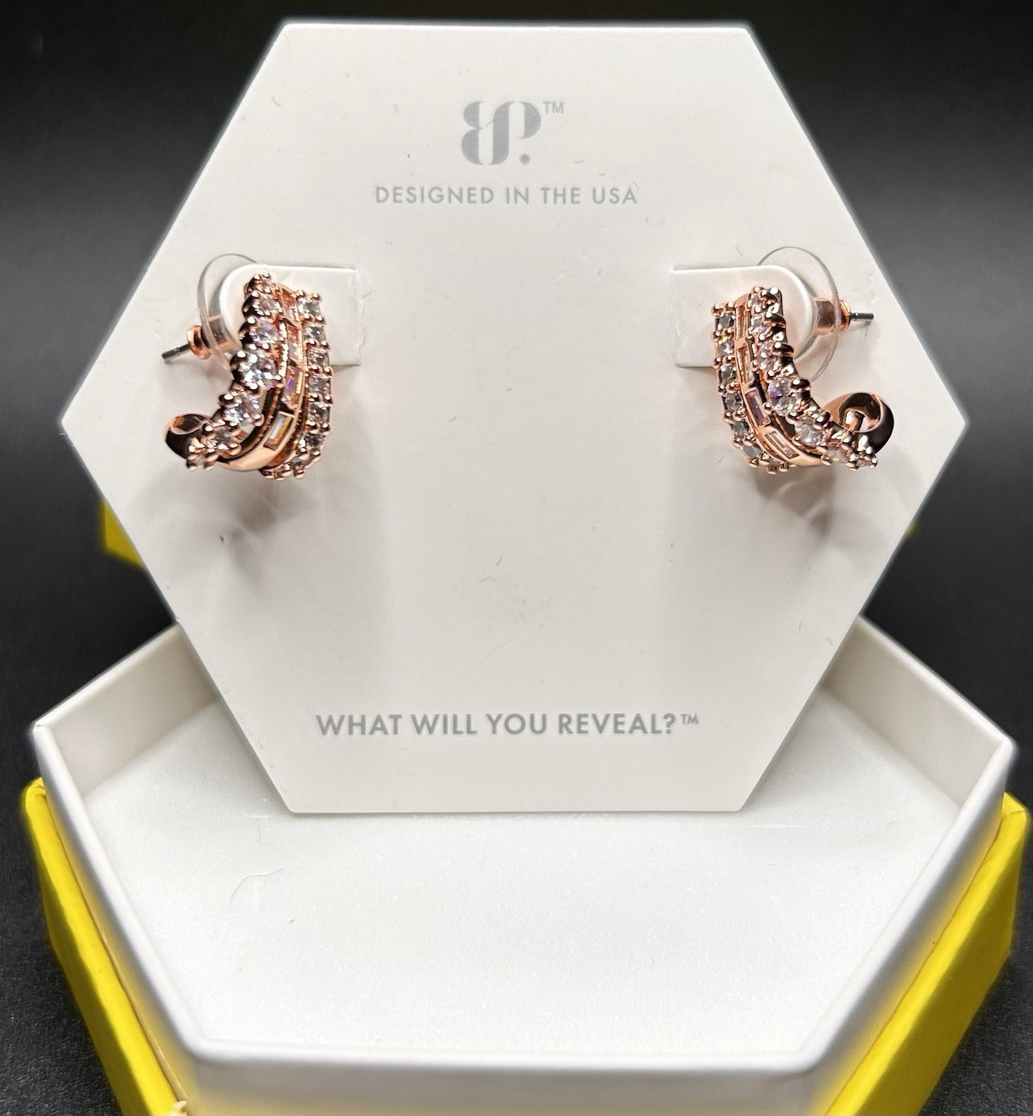 Bomb Party Earrings ER14196 “Filing Late, Looking Rich” Diamond CZ on Rose Gold