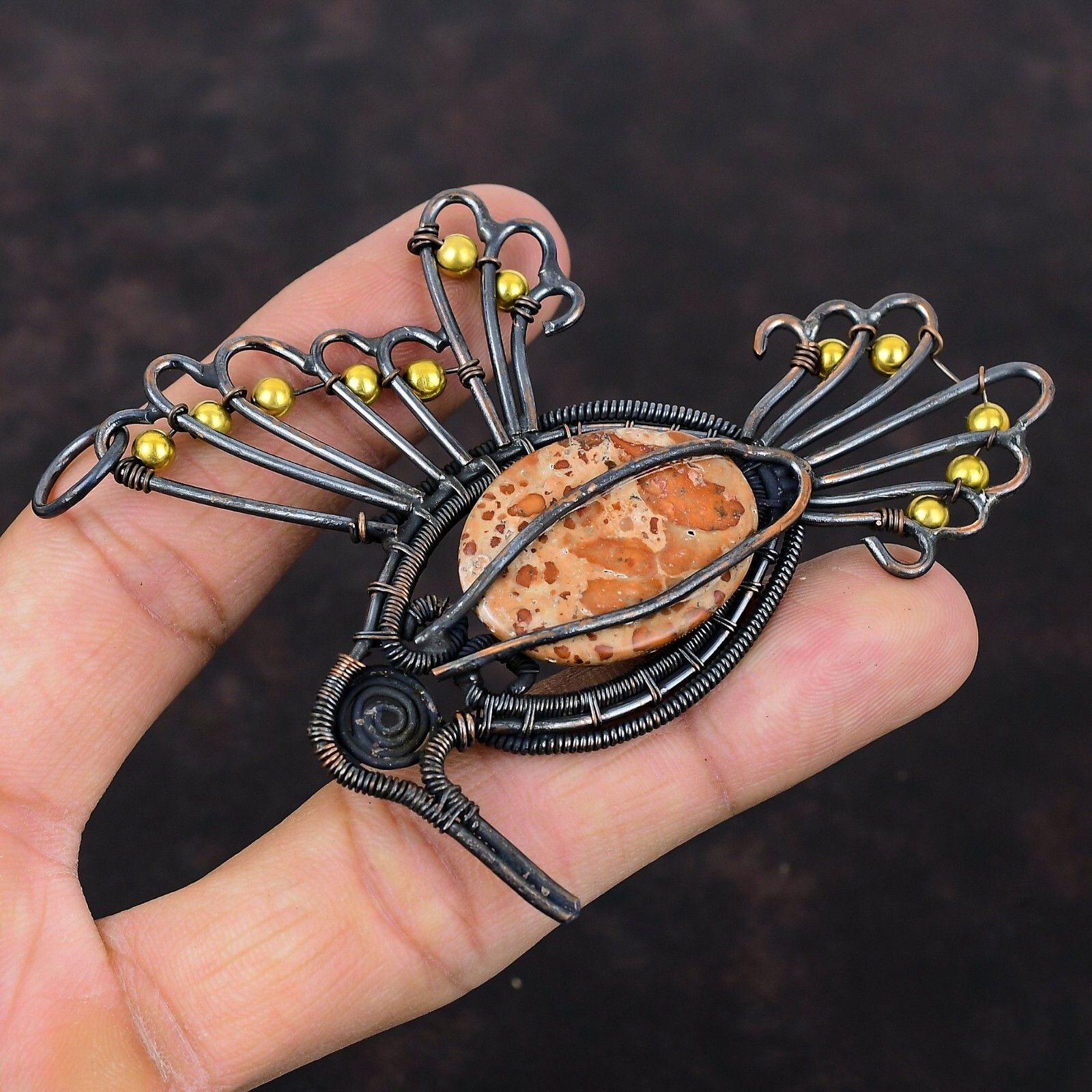 Gift For Women Jewelry Wire Wrapped Bird Pendant Copper Asteroid Jasper 3.82″