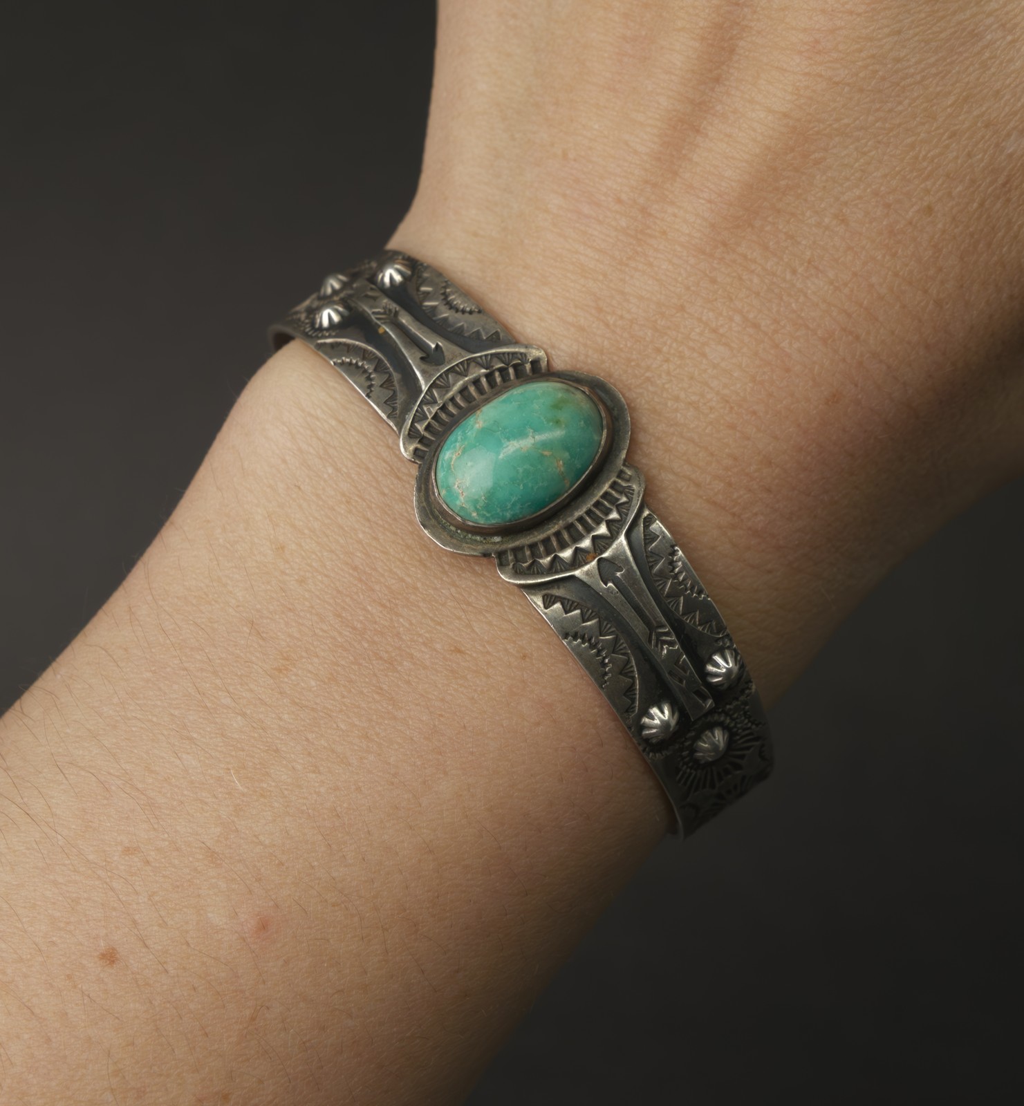 Old Fred Harvey Era Navajo Turquoise Early Silver Cuff Bracelet
