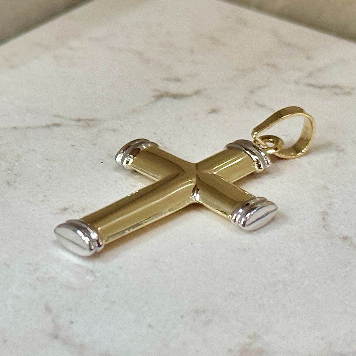 9ct Yellow and White Gold Hollow Tube Plain Cross Pendant Free Shipping
