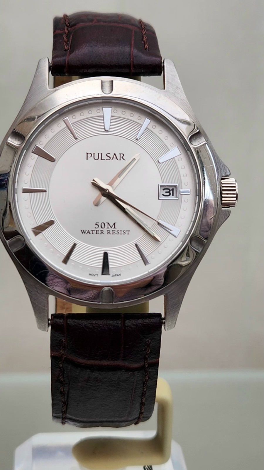 Pulsar mens watch Date , Easy To Read, Brown Leather, WR 50m. (A4)