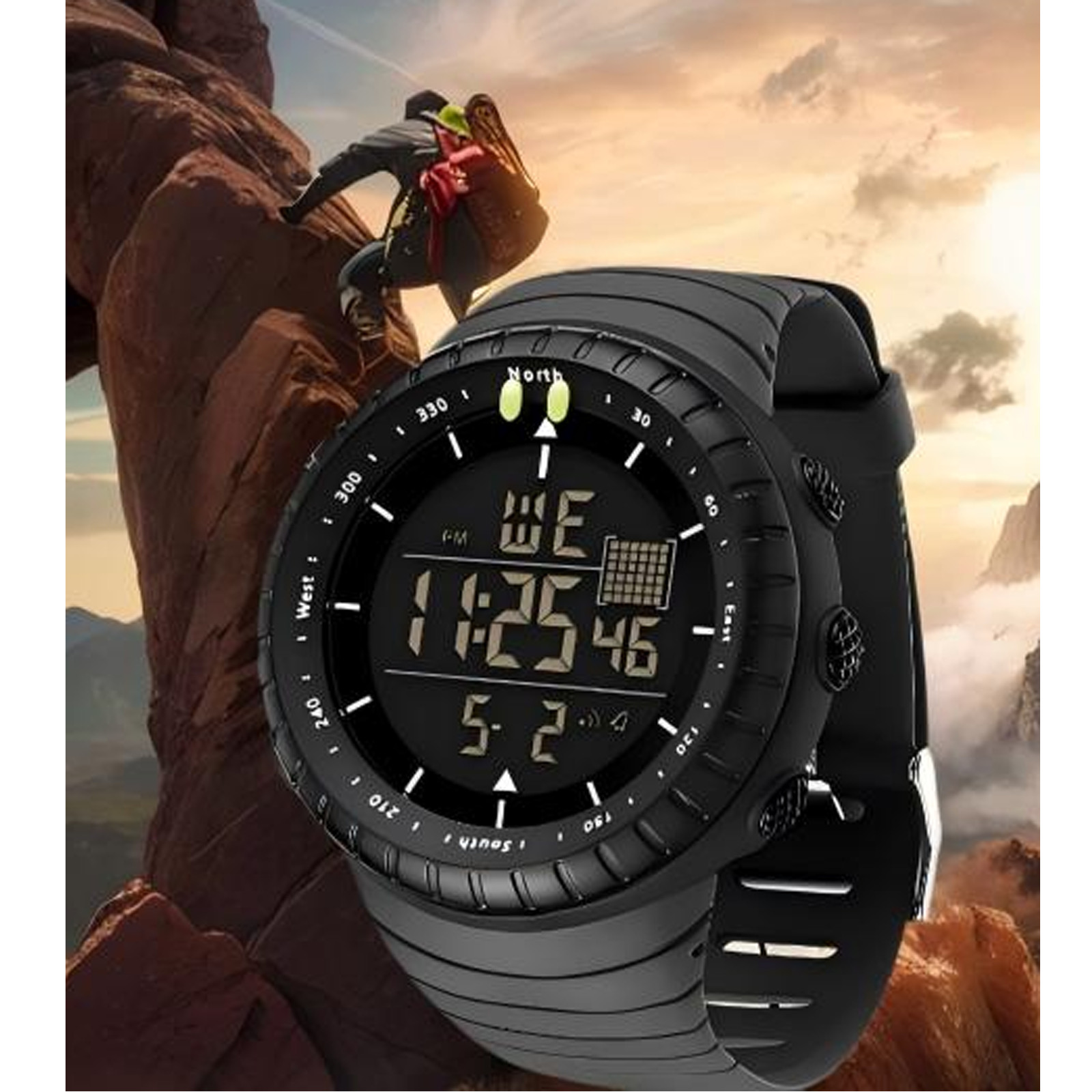 50mm Digital Sports Watch Waterproof Dual Time Alarm Chronograph Backlight Black