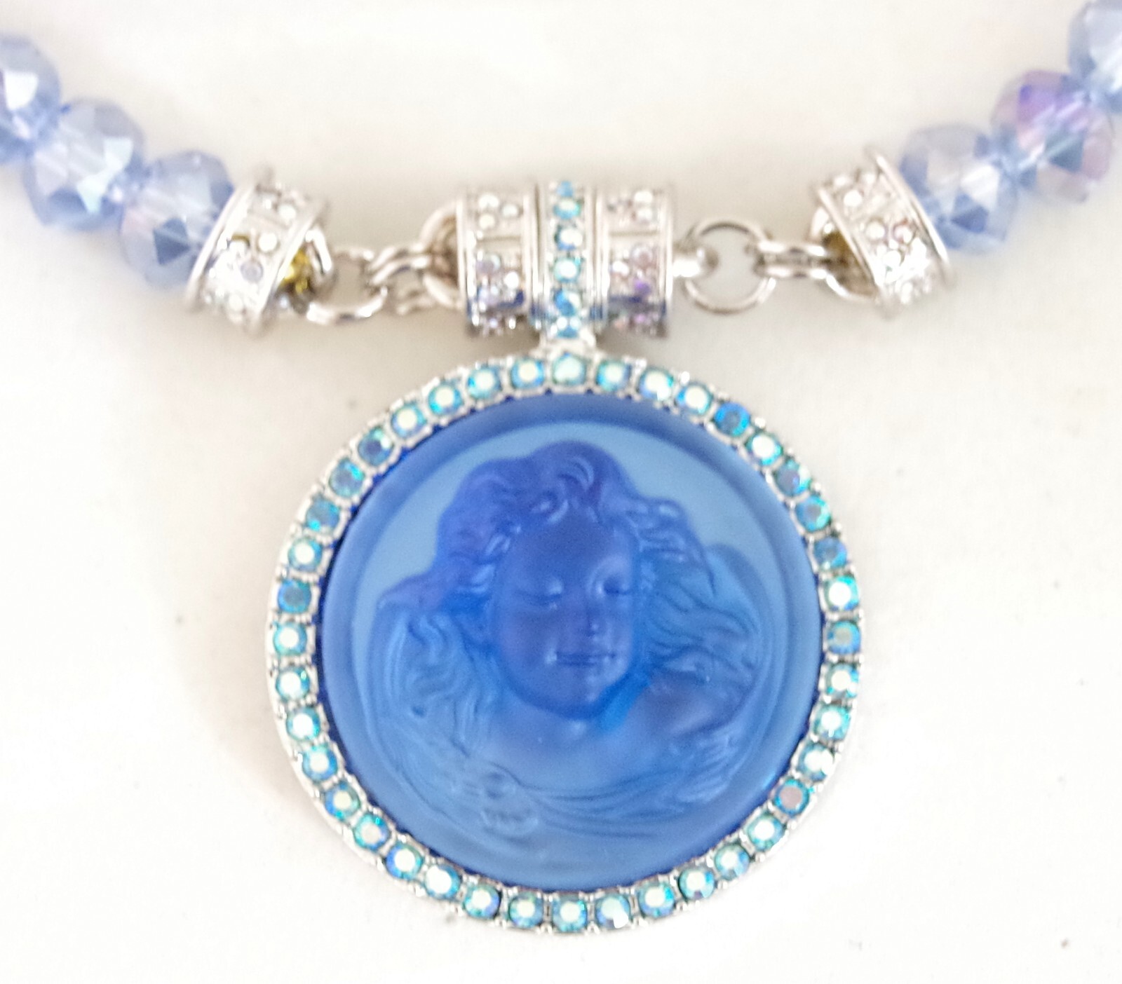 KIRKS FOLLY MAGNETIC CRYSTAL RHINESTONE BLUE ANGEL GODDESS SILVER TONE NECKLACE
