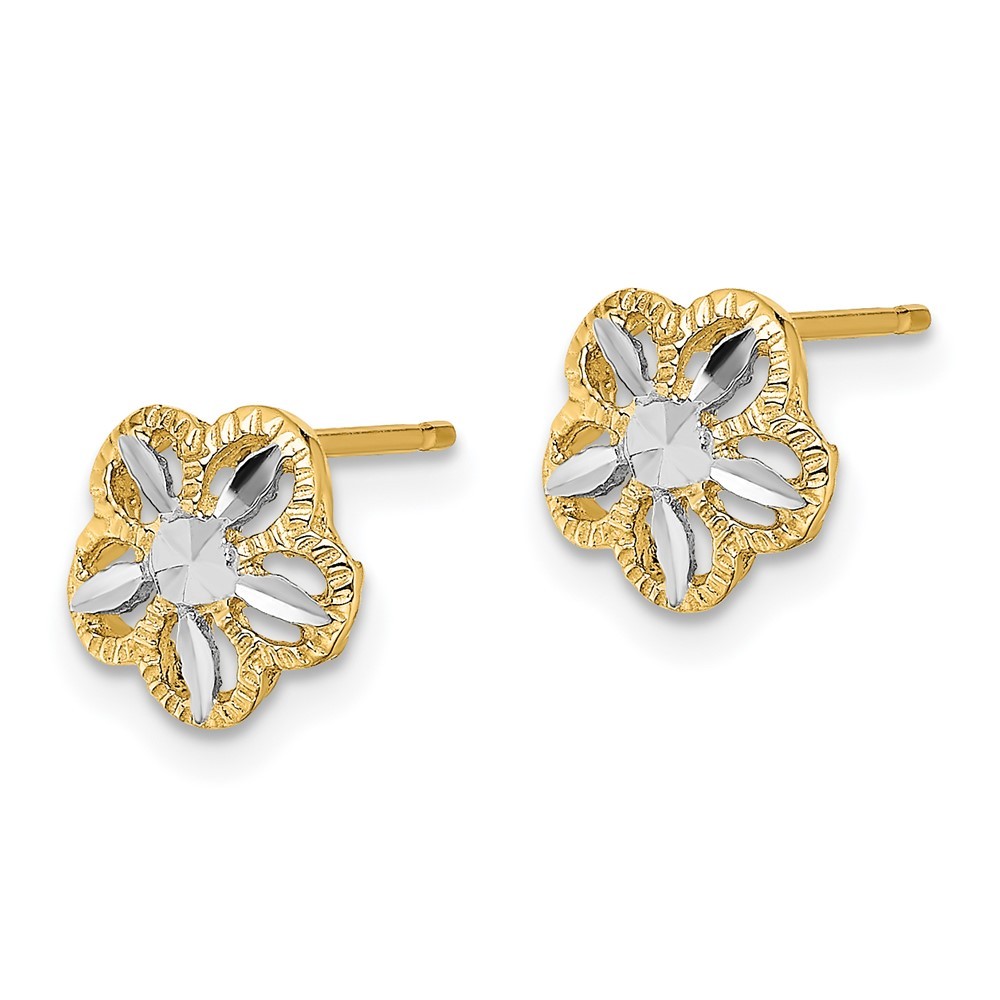 14k Yellow Gold Rhodium Diamond-cut Flower Stud Earrings Perfect Gift for Her
