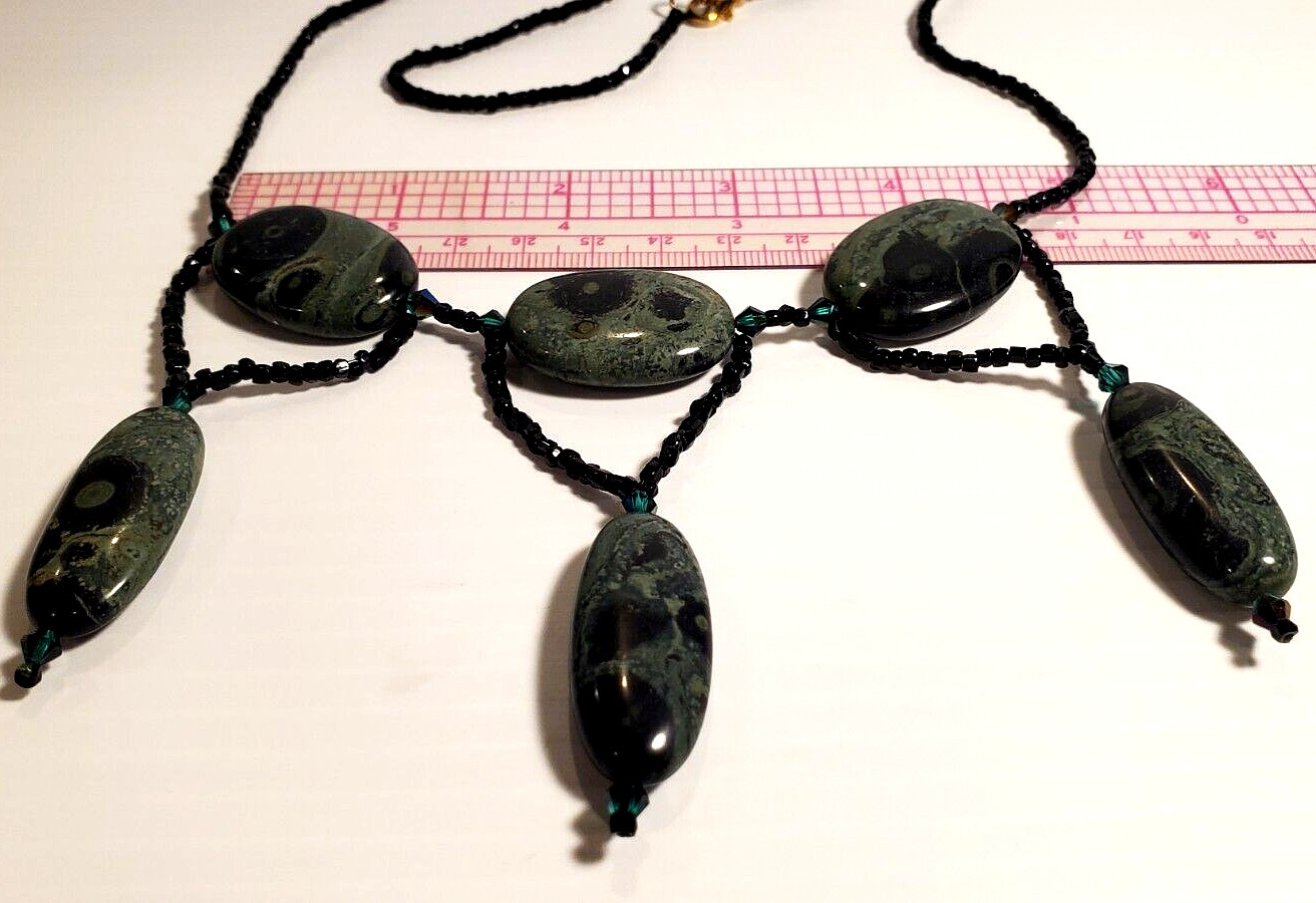 Black & Deep Green Natural Forest Jasper Stone 27″ Length Festoon Necklace OOAK