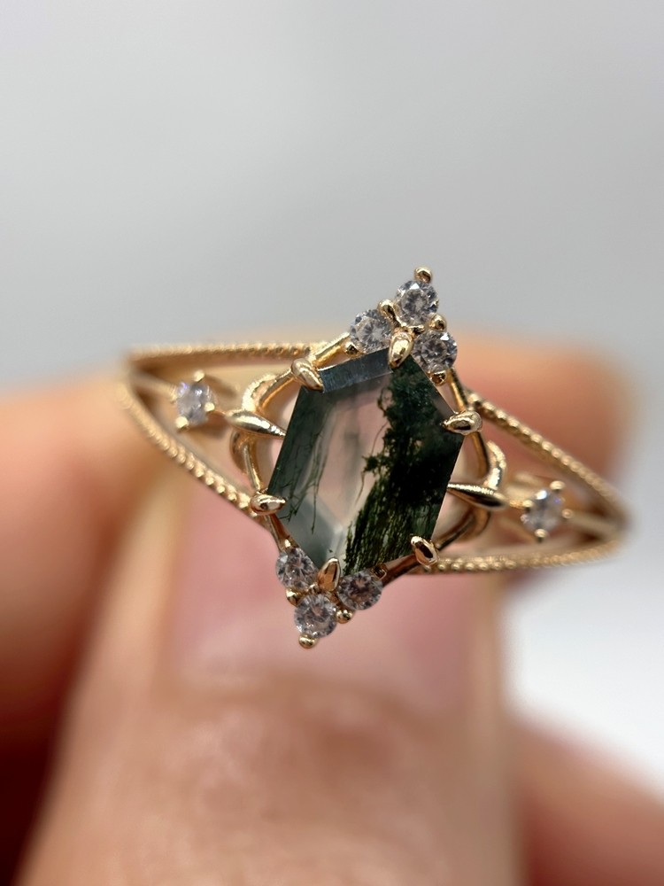 vtg Hexagon Kite Natural Moss Agate 925 Sterling Silver, Rose Gold Plated ring