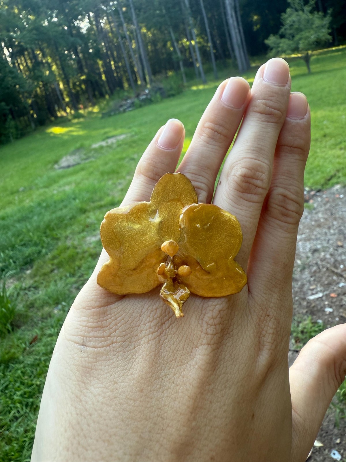 Real Orchid Resin Ring | Preserved Flower | Adjustable Gold Tone Band