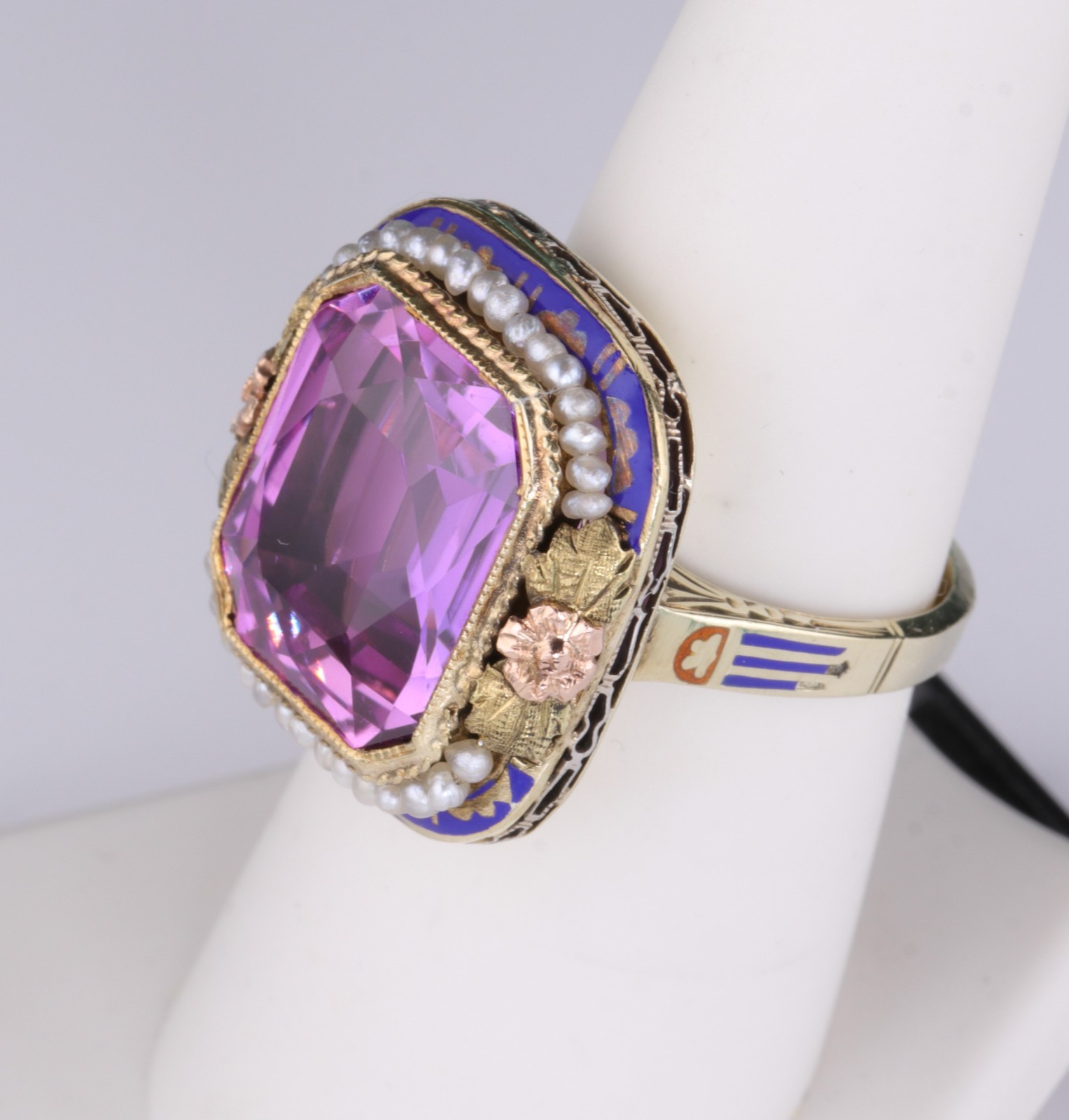 Spectacular Antique 14K Pink Sapphire and Enamel Ring 8.8 Grams Size 7-1/4