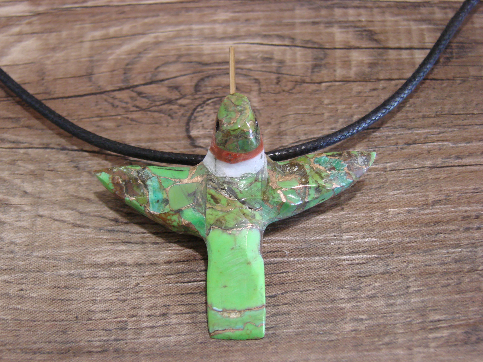 Hand Carved Bronze Gaspeite Aggregate Hummingbird Fetish Necklace – Mitchell