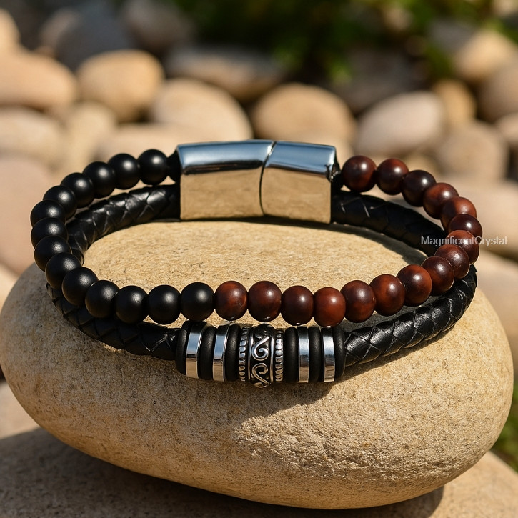 Obsidian Red Tiger’s Eye Leather Bracelet Men’s Protection Stone Energy Jewelry