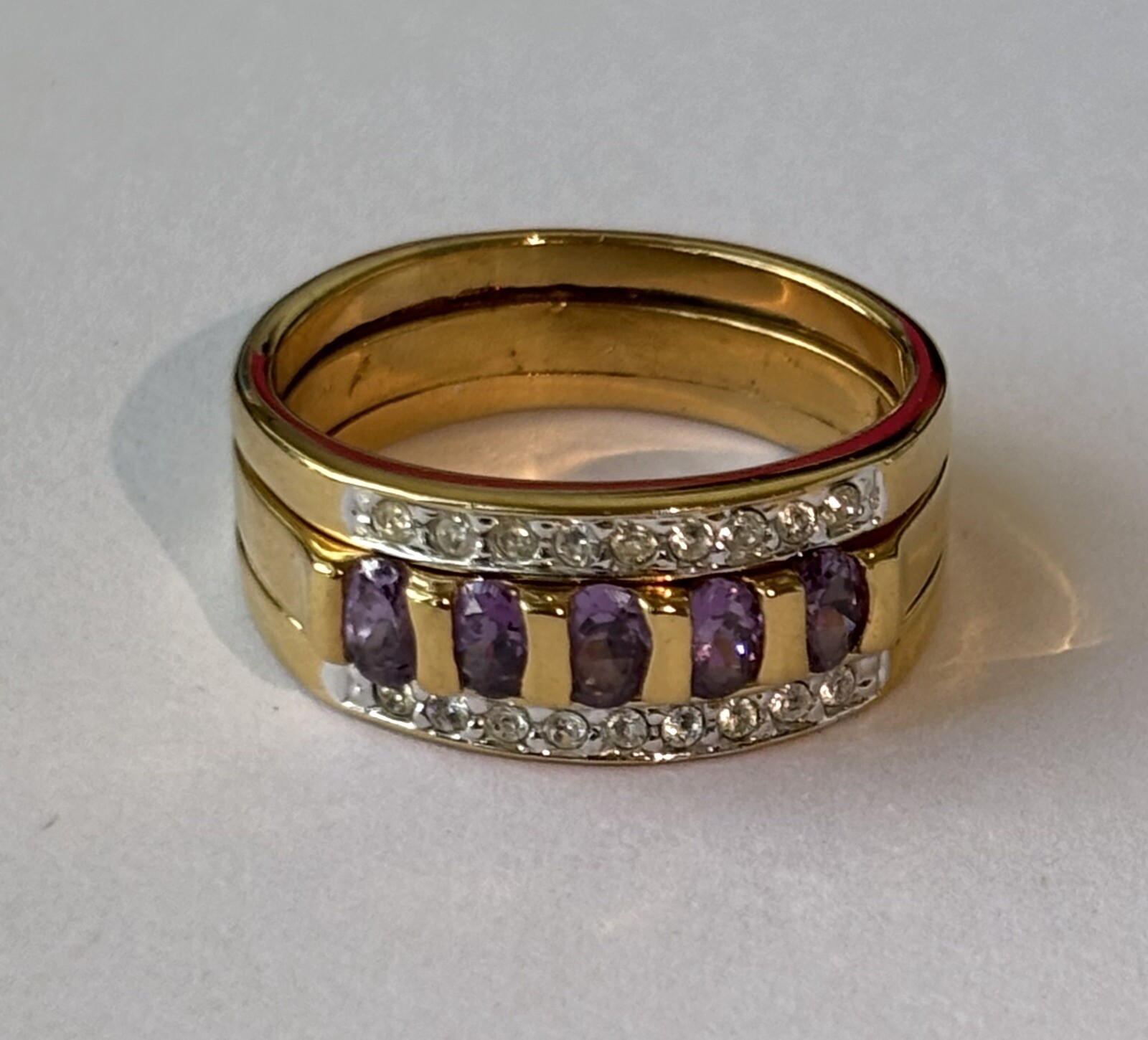 Vintage JJJ Avon Band Cocktail Woman Ring Amethyst Rhinestone Gold Tone Size 9.5