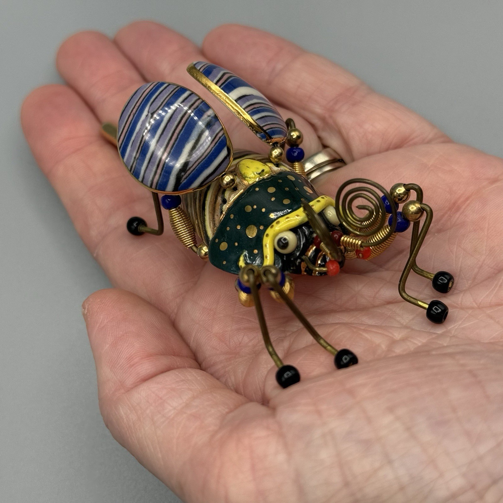 Cynthia Chuang Jewelry 10 Bee Beetle Pin 3″ Porcelain Glass Metal Whimsy Unique