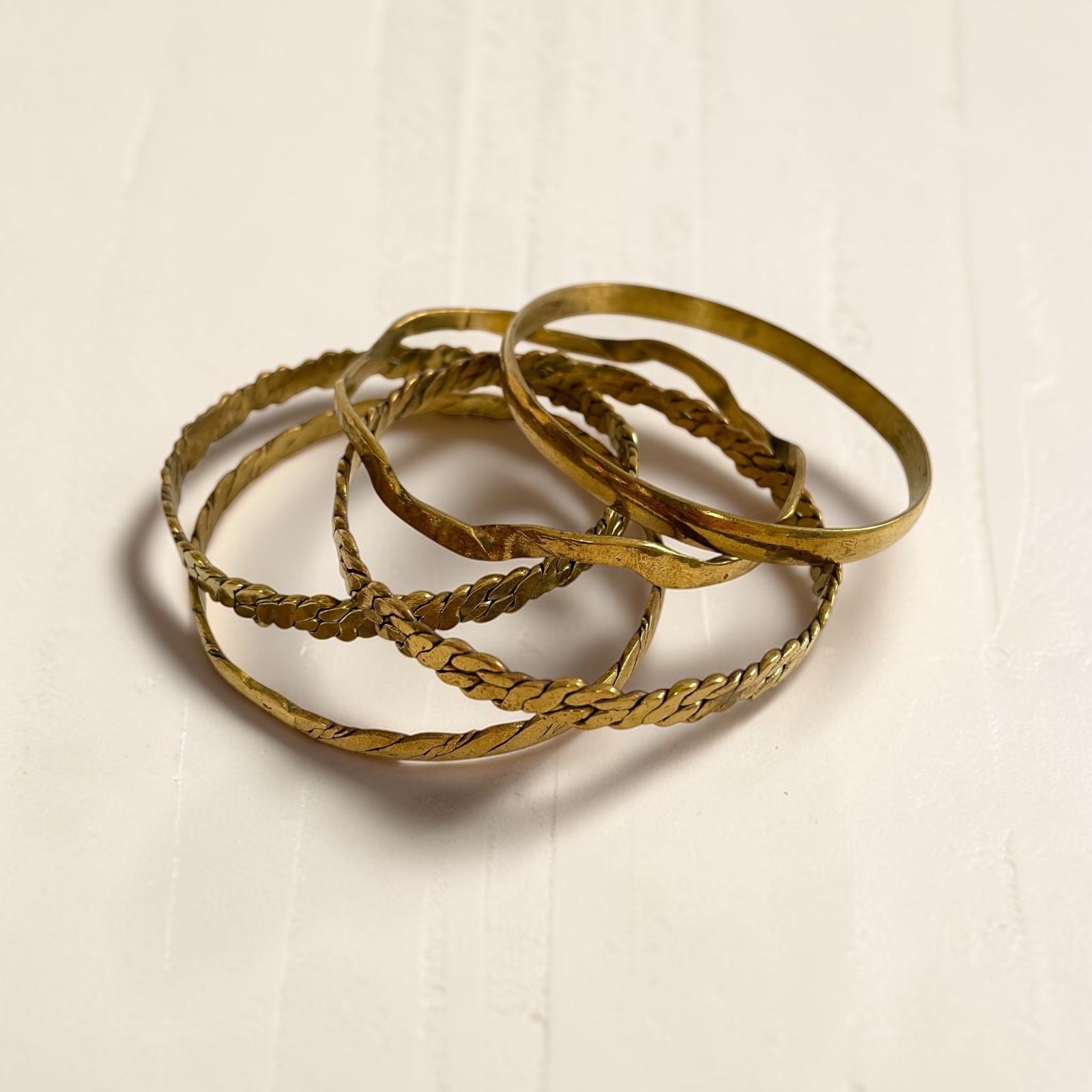 Vintage Artisan Brass Bangle Bracelets Set Hand Hammered Boho Stacking -Set of 5