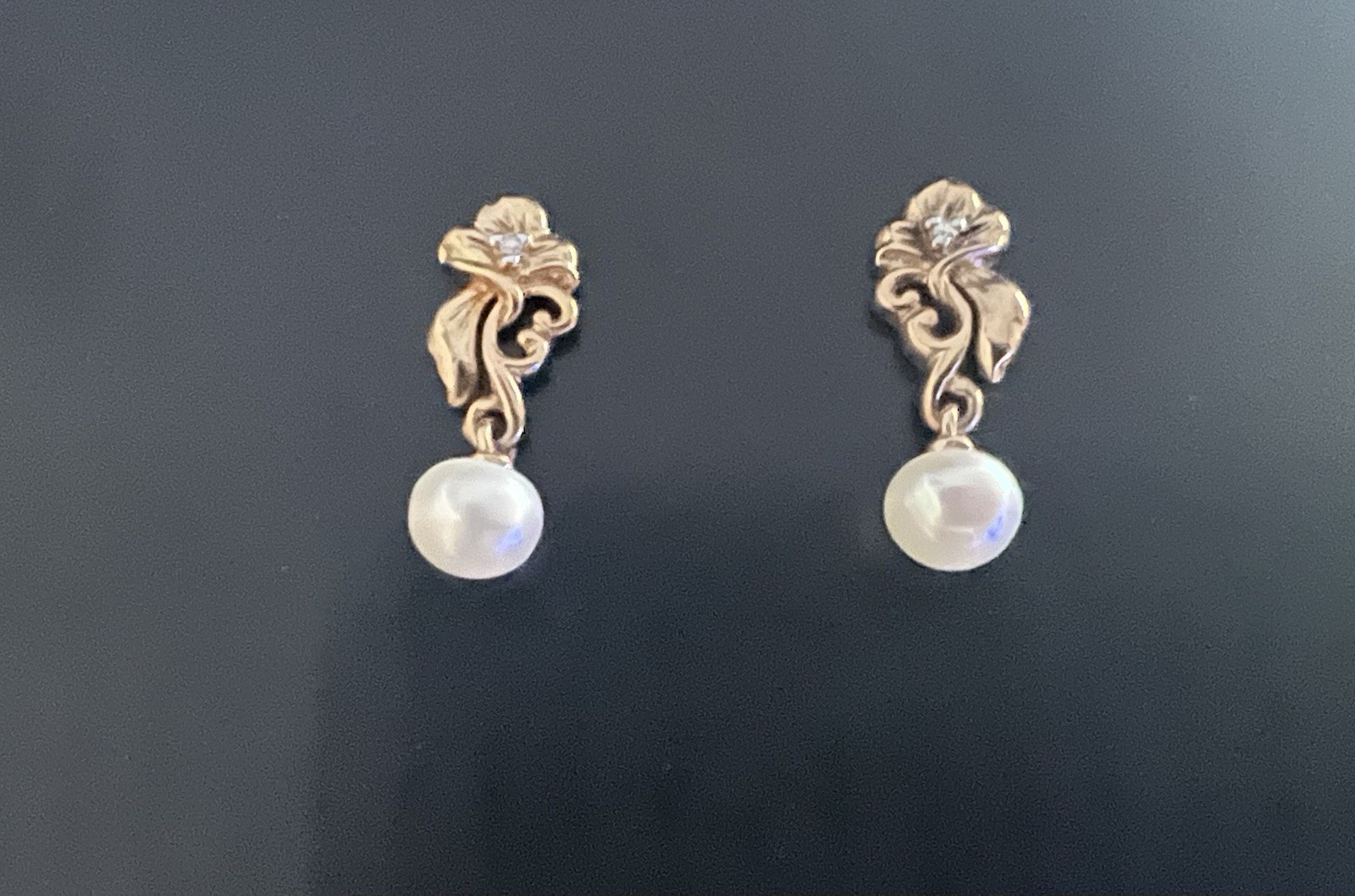 10K Gold Town & Country Diamond Flower Pearl Drop Earrings