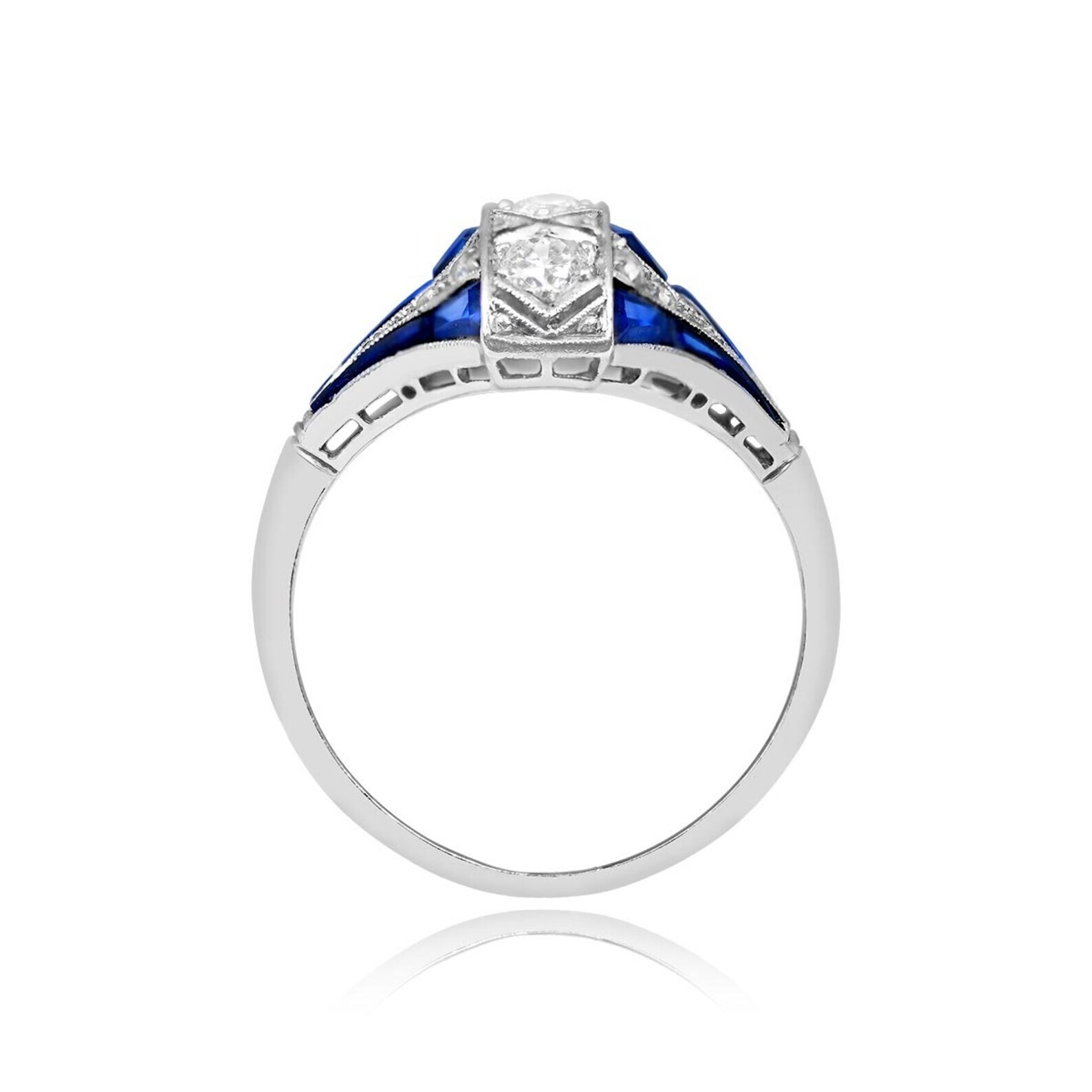 14K White Gold FN Art Deco Style Lab Created Diamond & Sapphire Engagement Ring