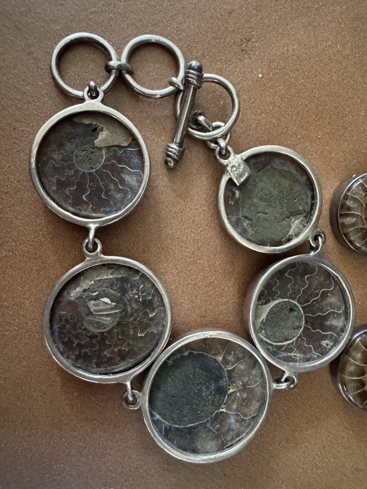 925 Silver Natural Ammonite Fossil Chain Bracelet & Earrings