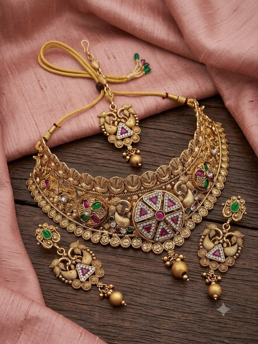 Indian Bollywood Kundan Choker Necklace Earrings Maang Tikka Bridal Jewelry Set