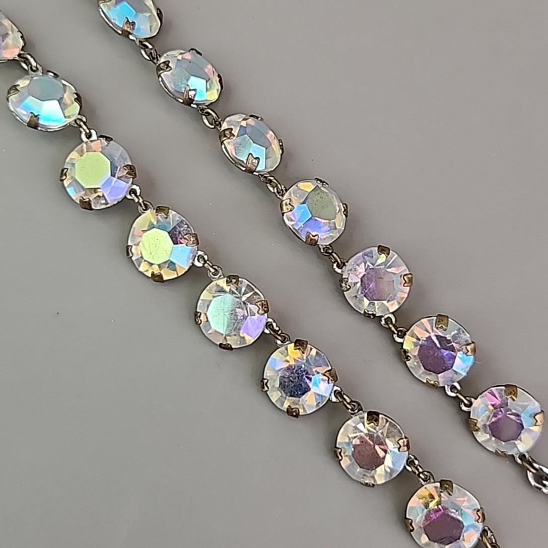 Vintage Open Bezel Necklace Aurora Borealis Round Linked Beads 17″